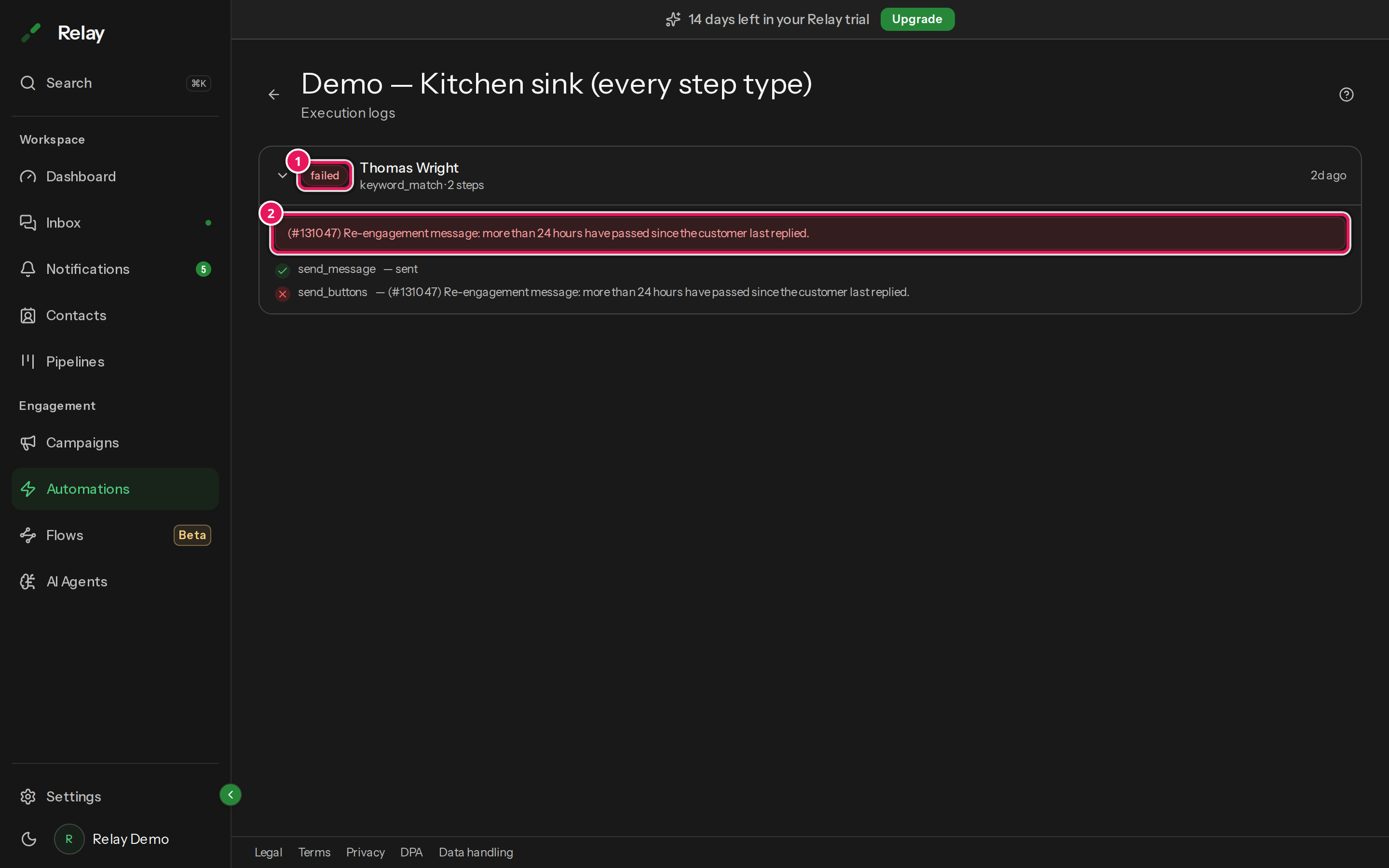 An expanded failed log row, showing the failed status badge, a red error message box, and a step-by-step breakdown