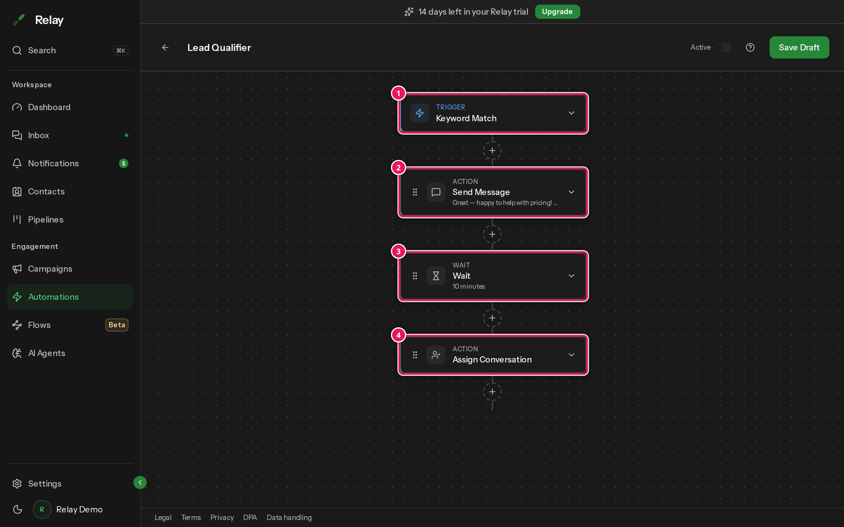 The lead qualifier builder showing the Keyword Match trigger followed by Send Message, Wait and Assign Conversation steps