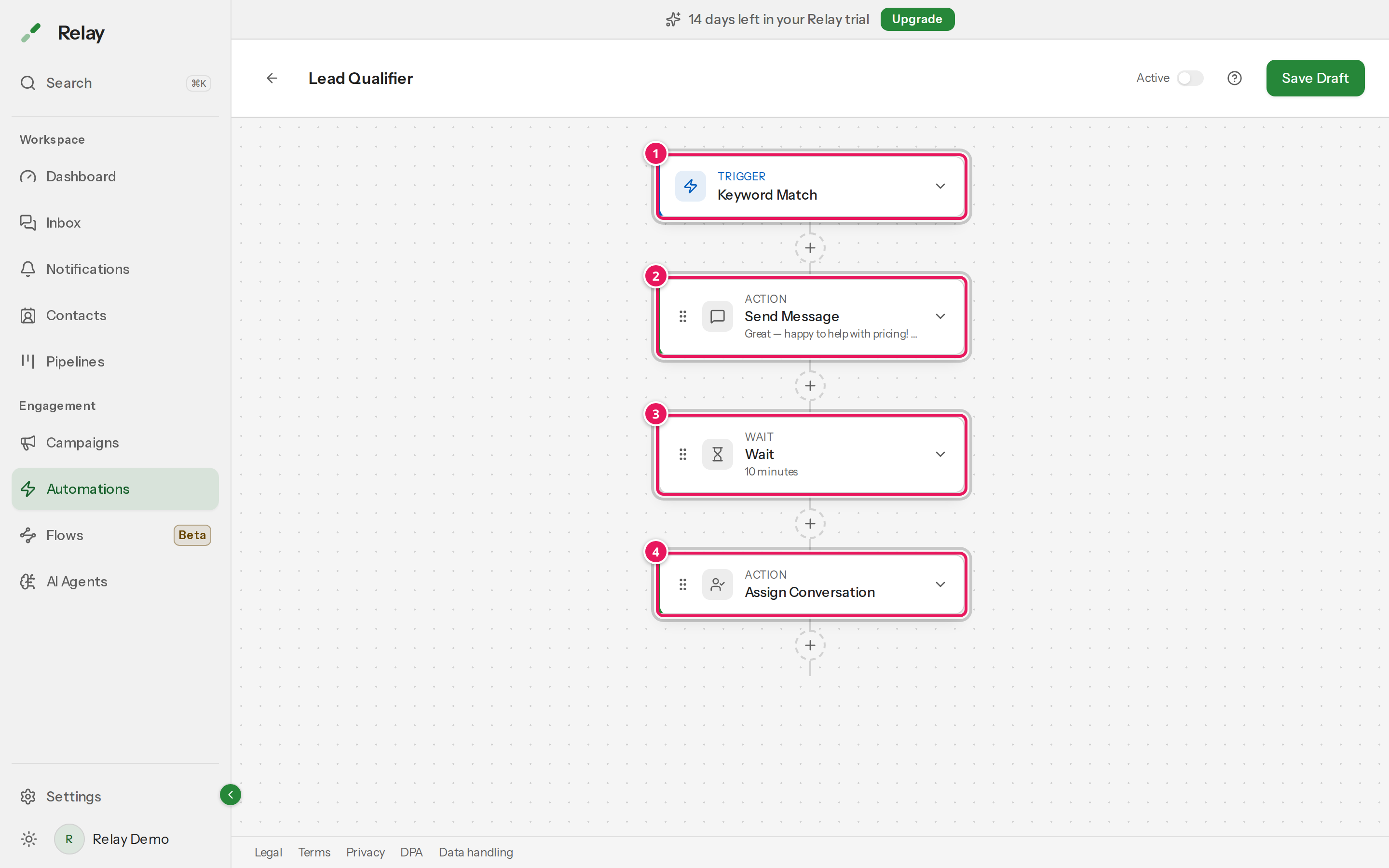 The lead qualifier builder showing the Keyword Match trigger followed by Send Message, Wait and Assign Conversation steps