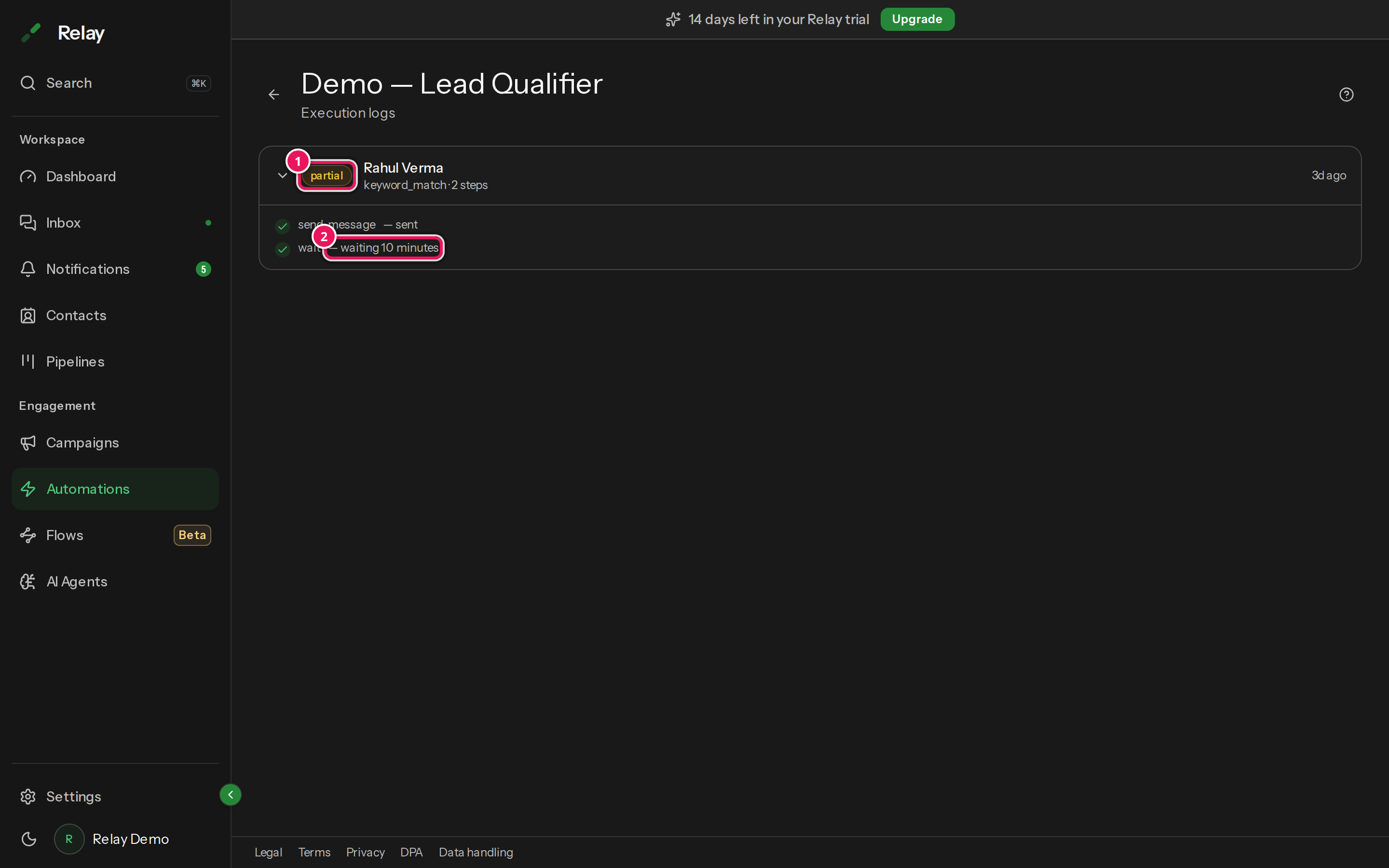 An expanded log row for the lead qualifier automation, showing a partial status and a step result reading waiting 10 minutes