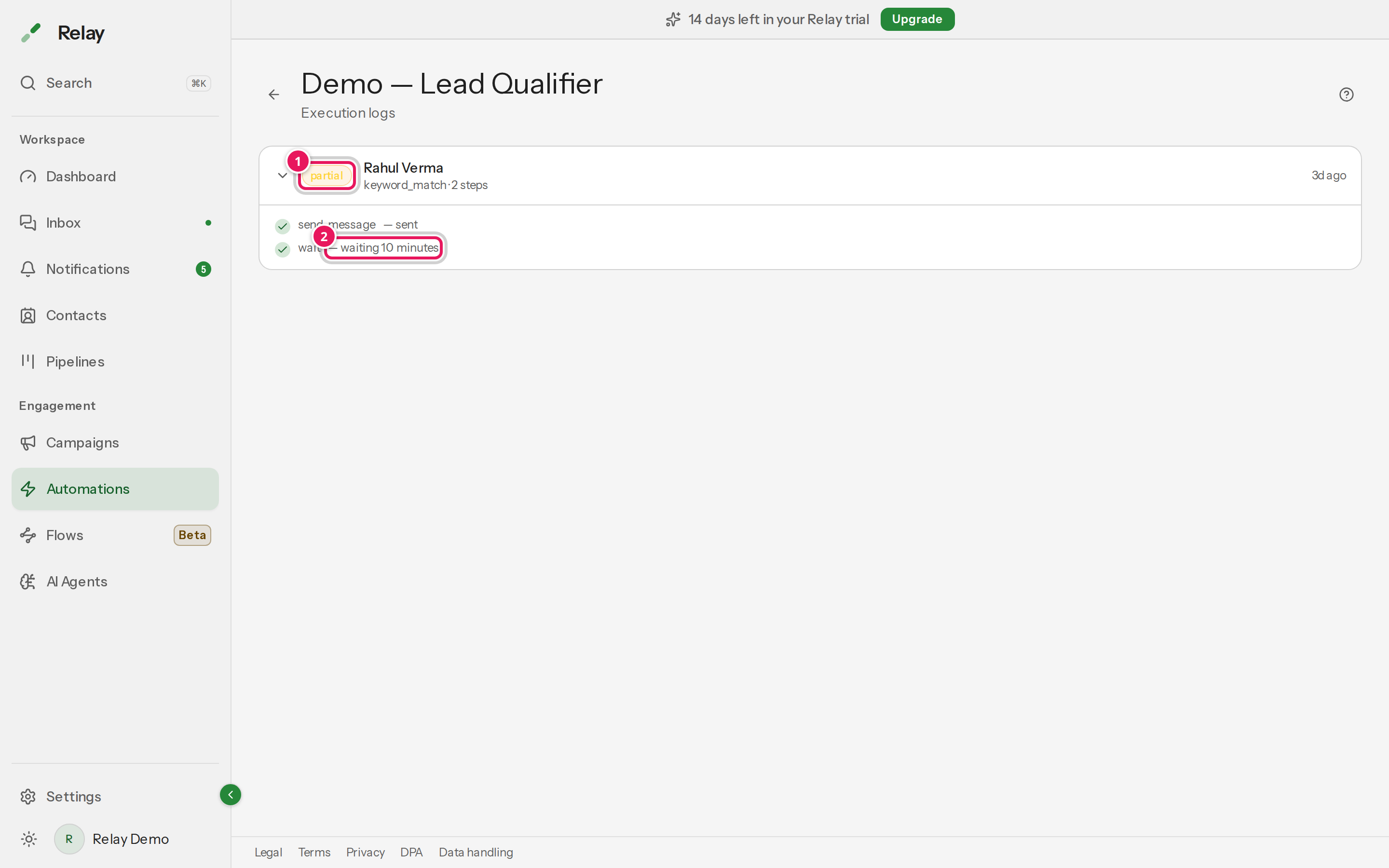 An expanded log row for the lead qualifier automation, showing a partial status and a step result reading waiting 10 minutes