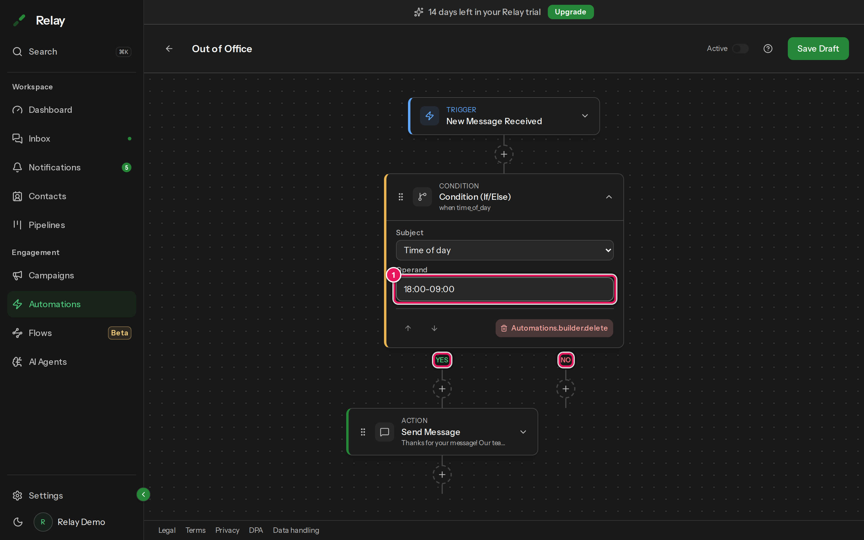 A condition step expanded, showing subject, operand and the Yes/No branch columns beneath it