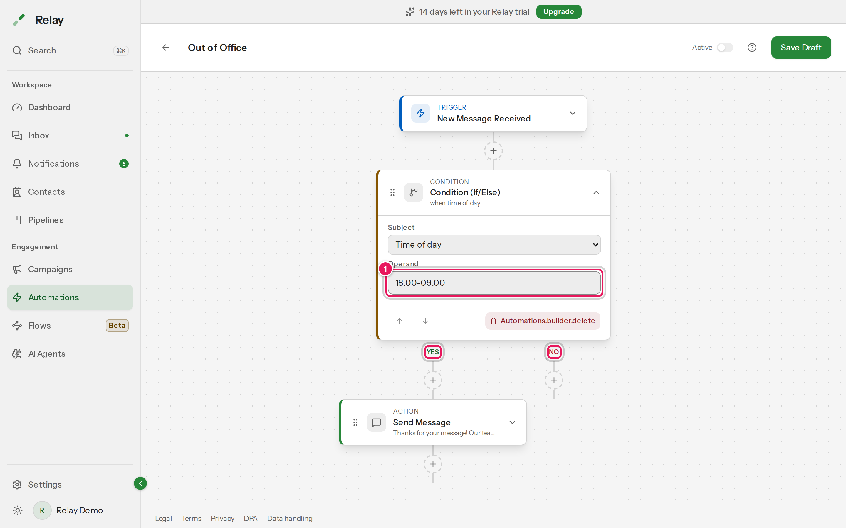 A condition step expanded, showing subject, operand and the Yes/No branch columns beneath it
