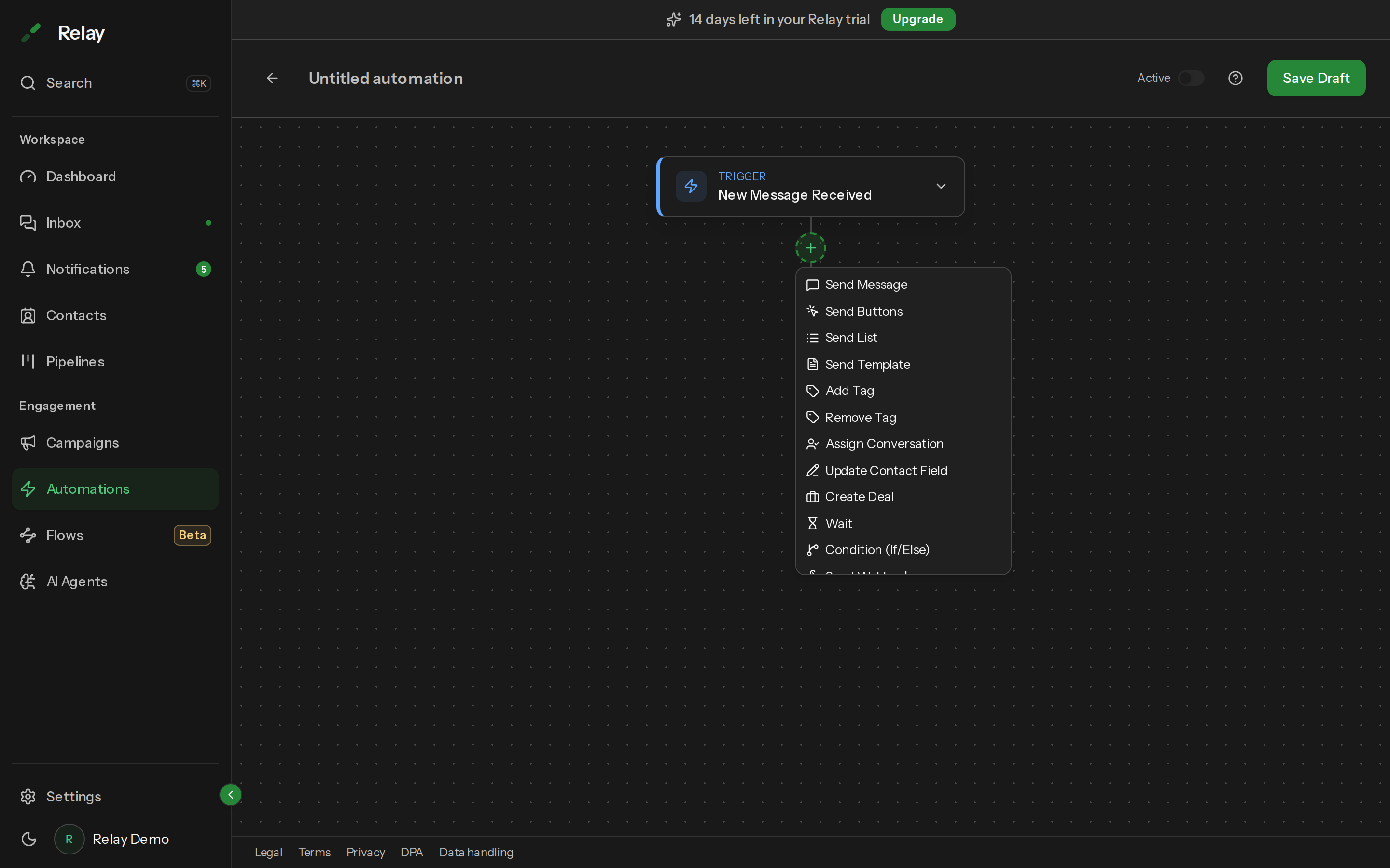 The Add step menu open, listing all 13 step types grouped by category