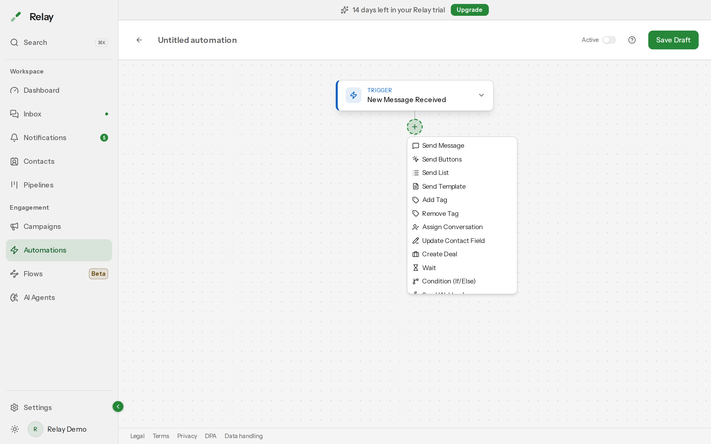 The Add step menu open, listing all 13 step types grouped by category