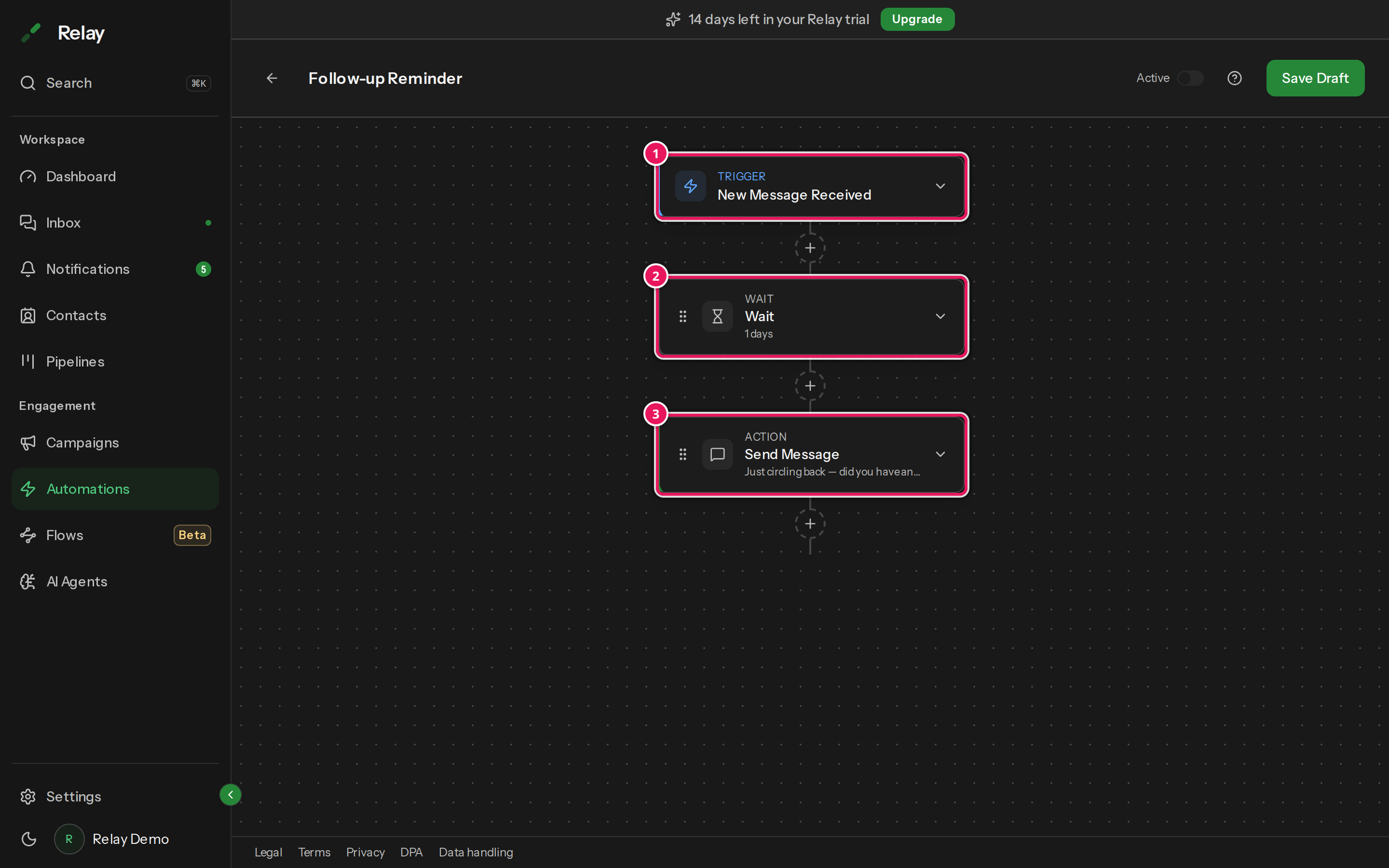 The Follow-up Reminder template opened in the builder, showing New Message Received, Wait, and Send Message steps with nothing in between