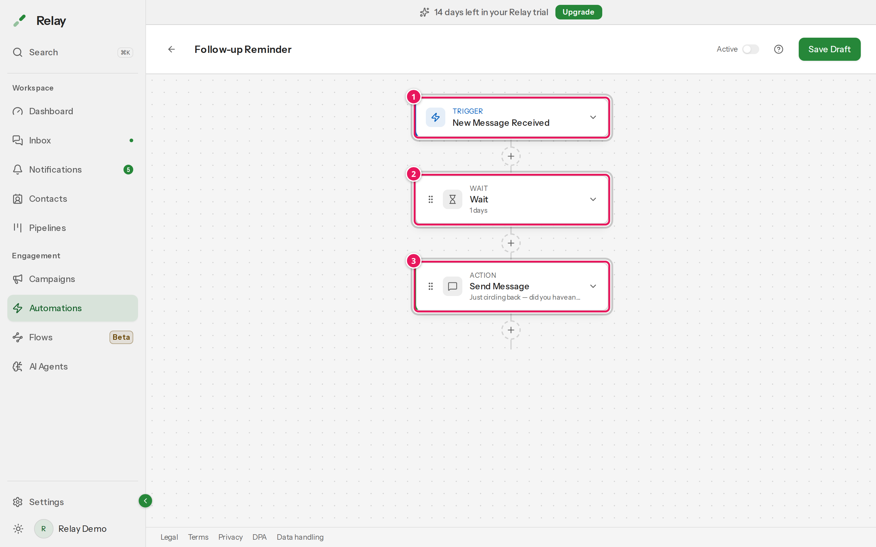 The Follow-up Reminder template opened in the builder, showing New Message Received, Wait, and Send Message steps with nothing in between
