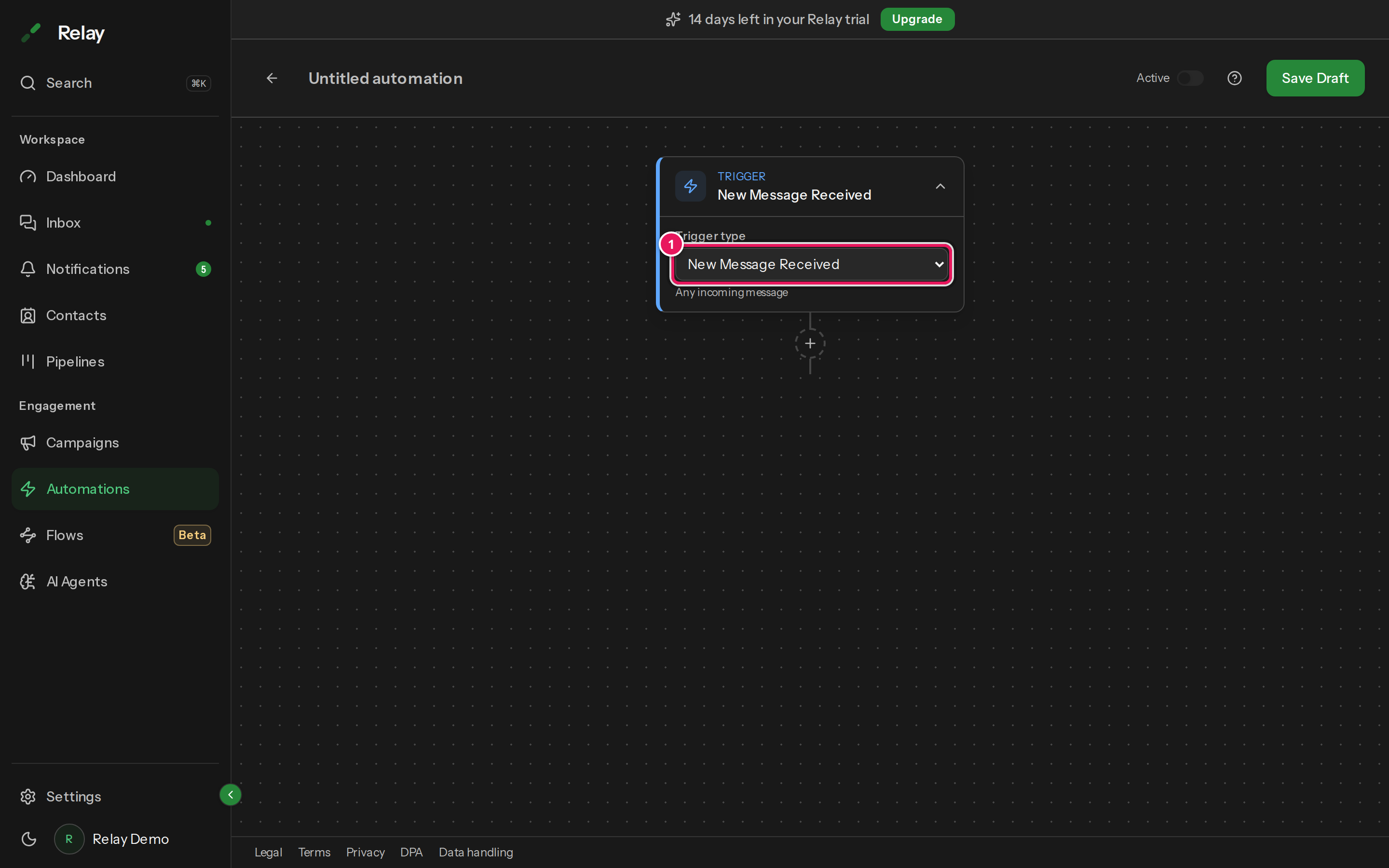 The trigger type dropdown open, listing all 8 trigger types