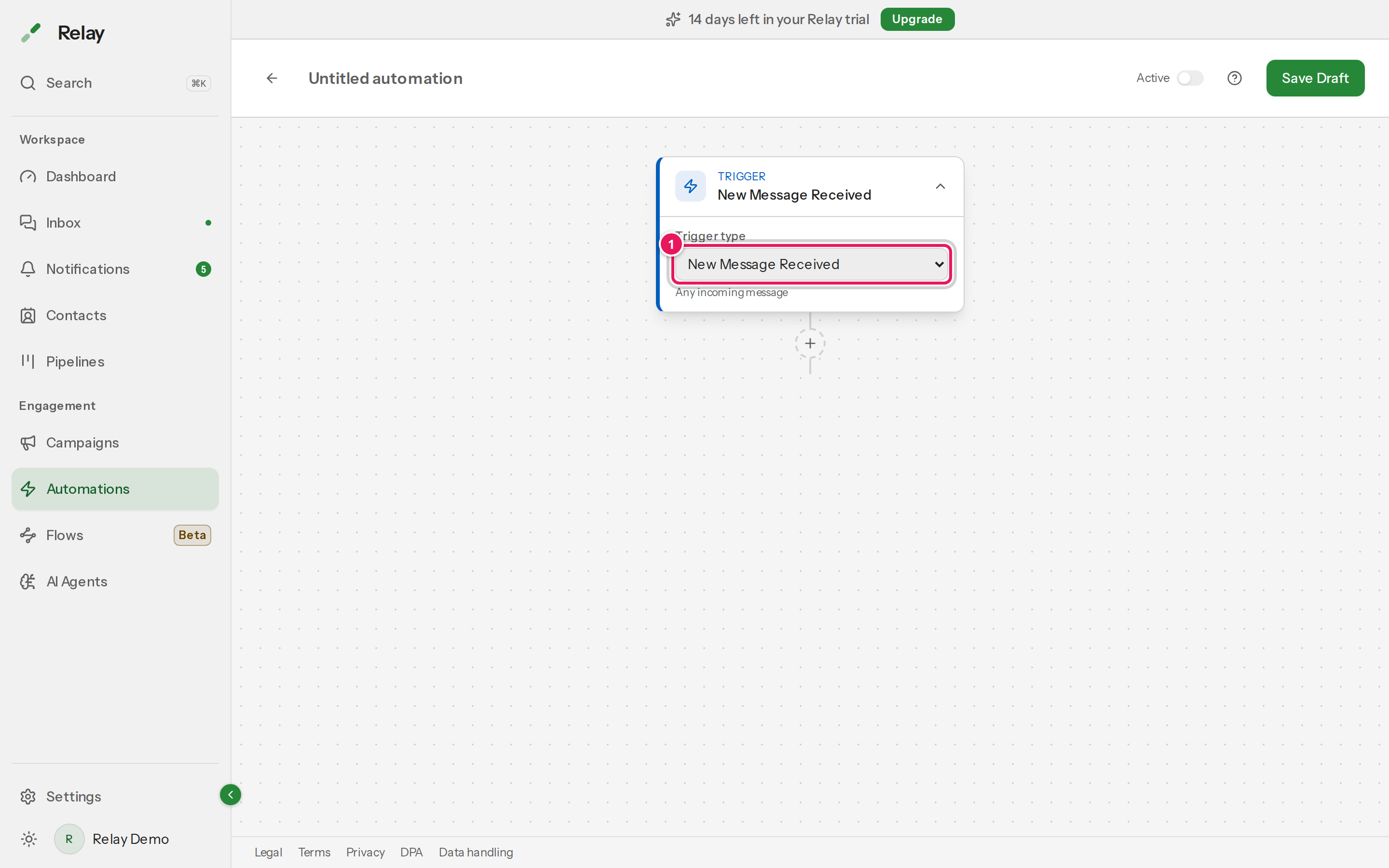 The trigger type dropdown open, listing all 8 trigger types
