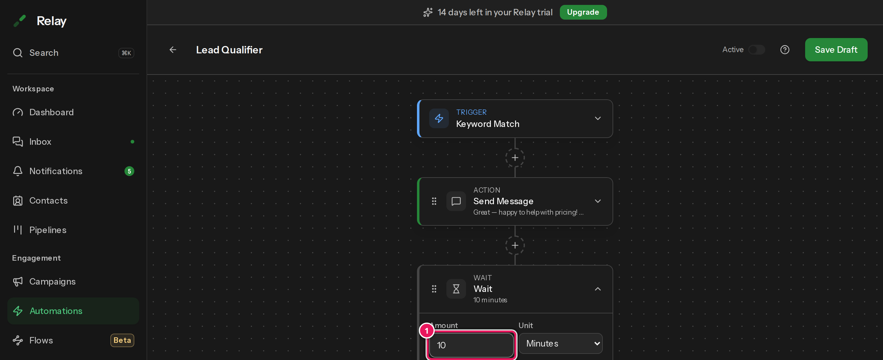A wait step expanded, with an amount field and a unit dropdown set to minutes