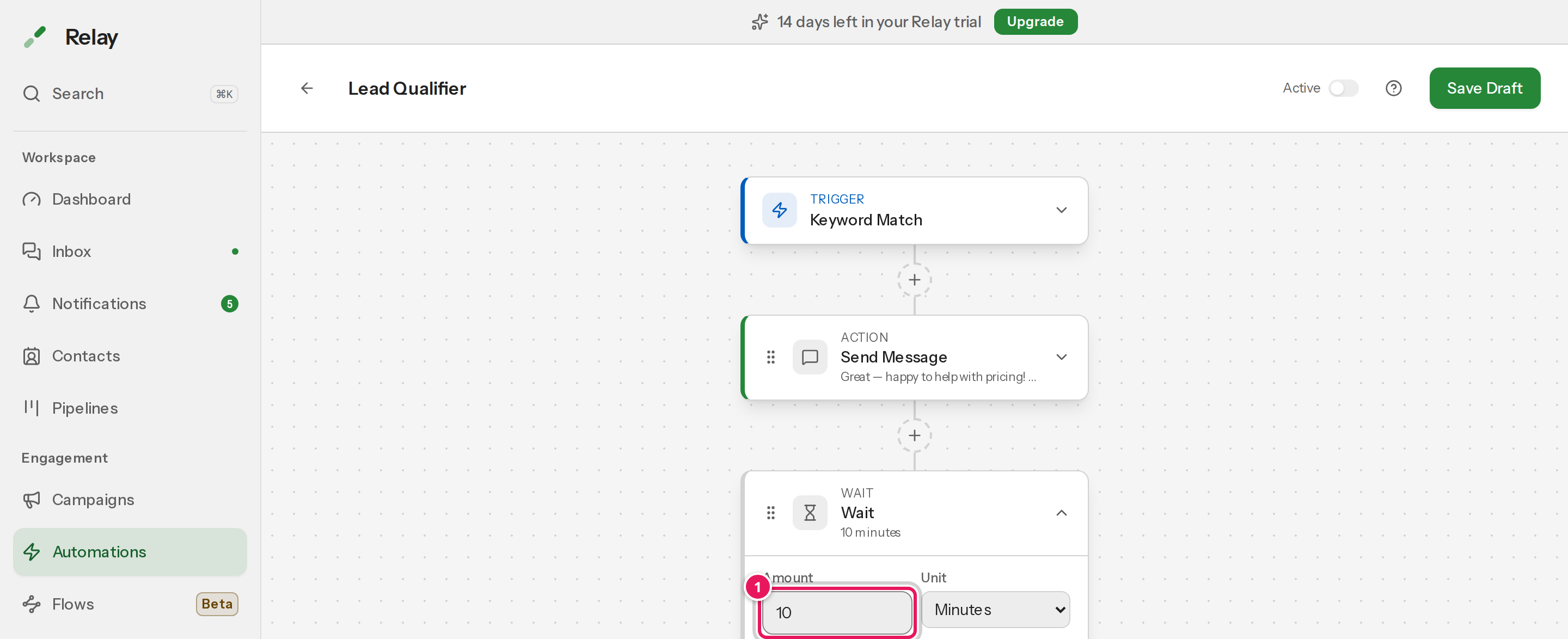 A wait step expanded, with an amount field and a unit dropdown set to minutes