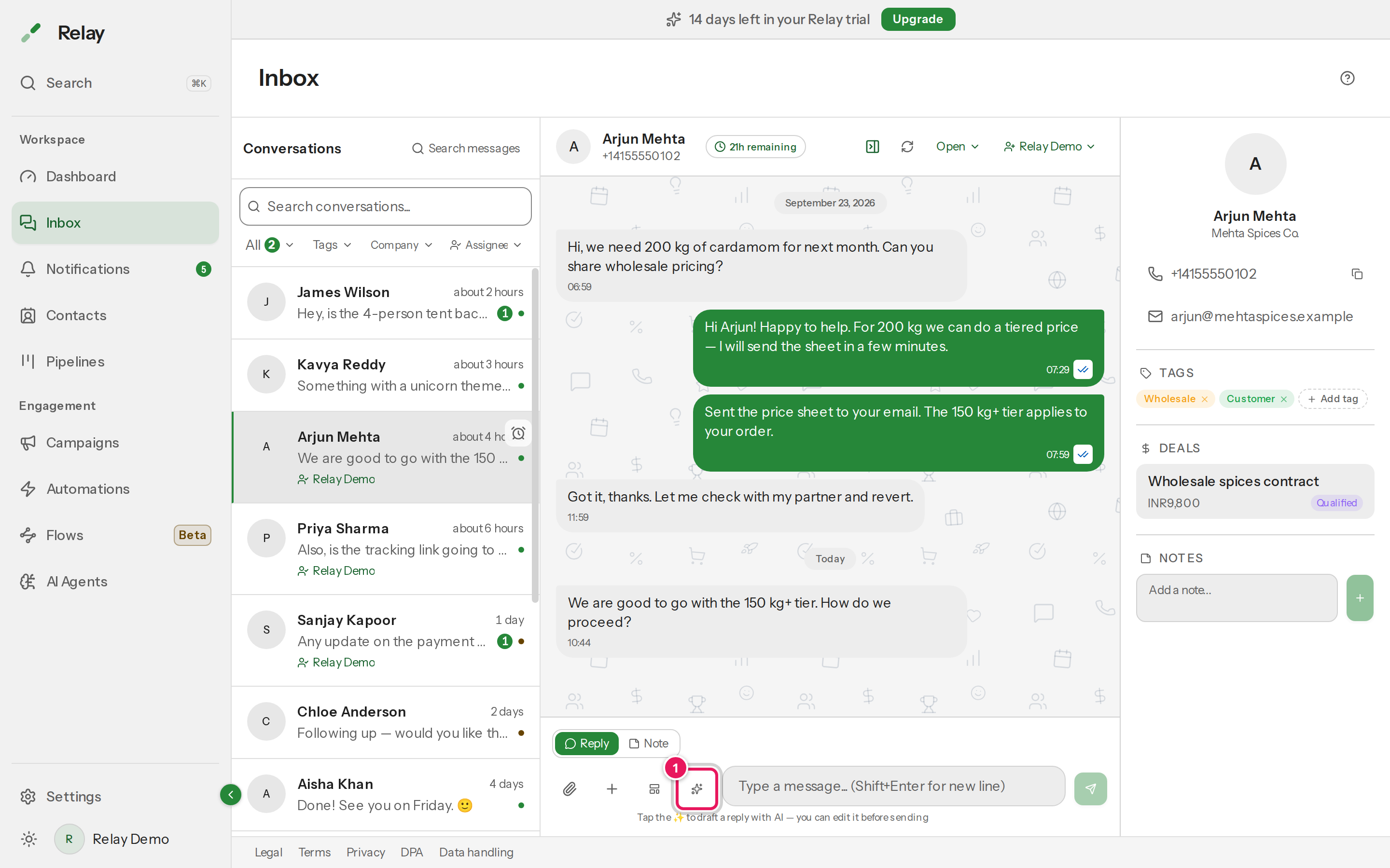 The Inbox composer with the Draft a reply with AI sparkle button highlighted.