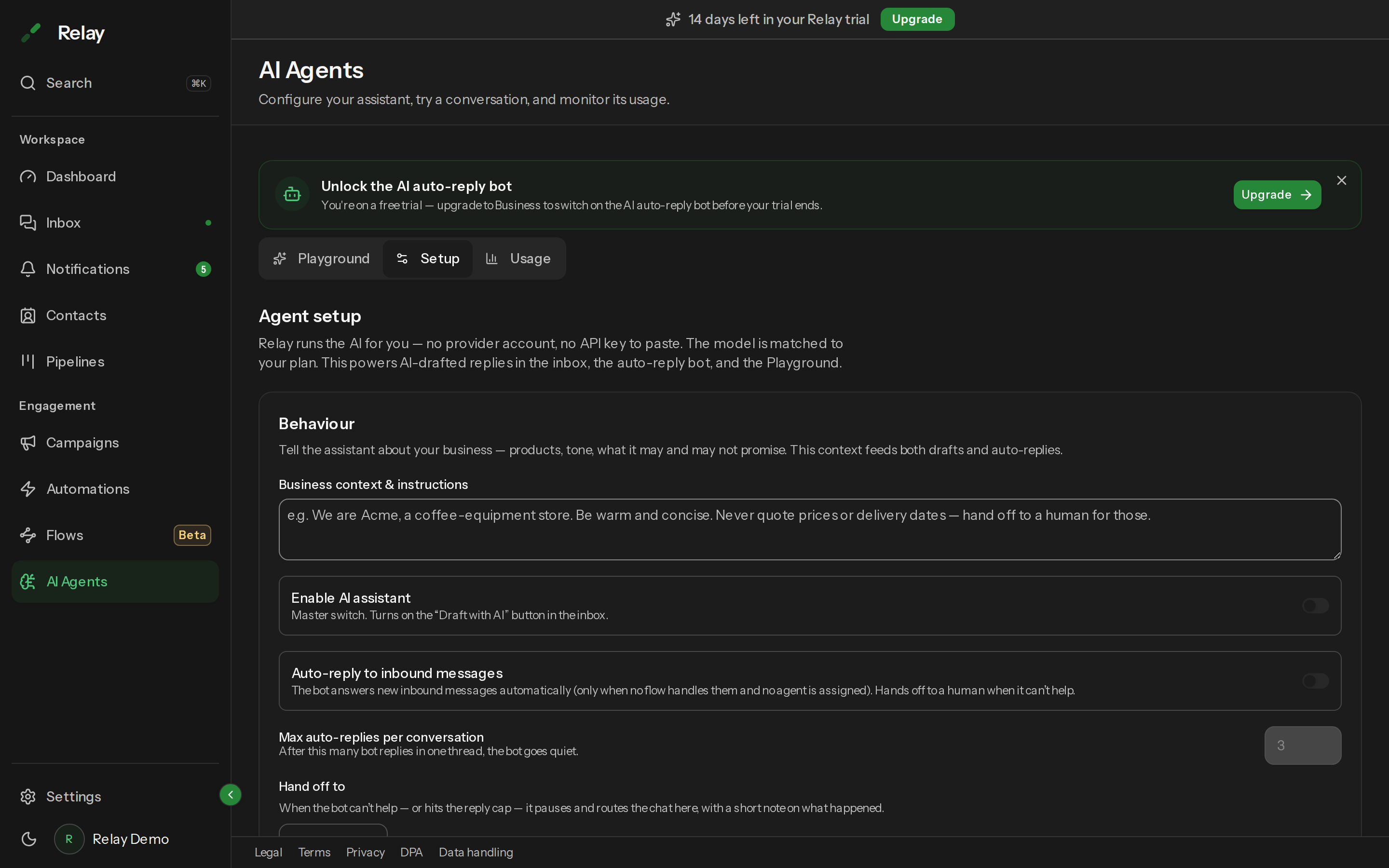 The Setup tab of the AI Agents page showing Business context & instructions, the Enable AI assistant and Auto-reply switches, Max auto-replies per conversation and Hand off to.