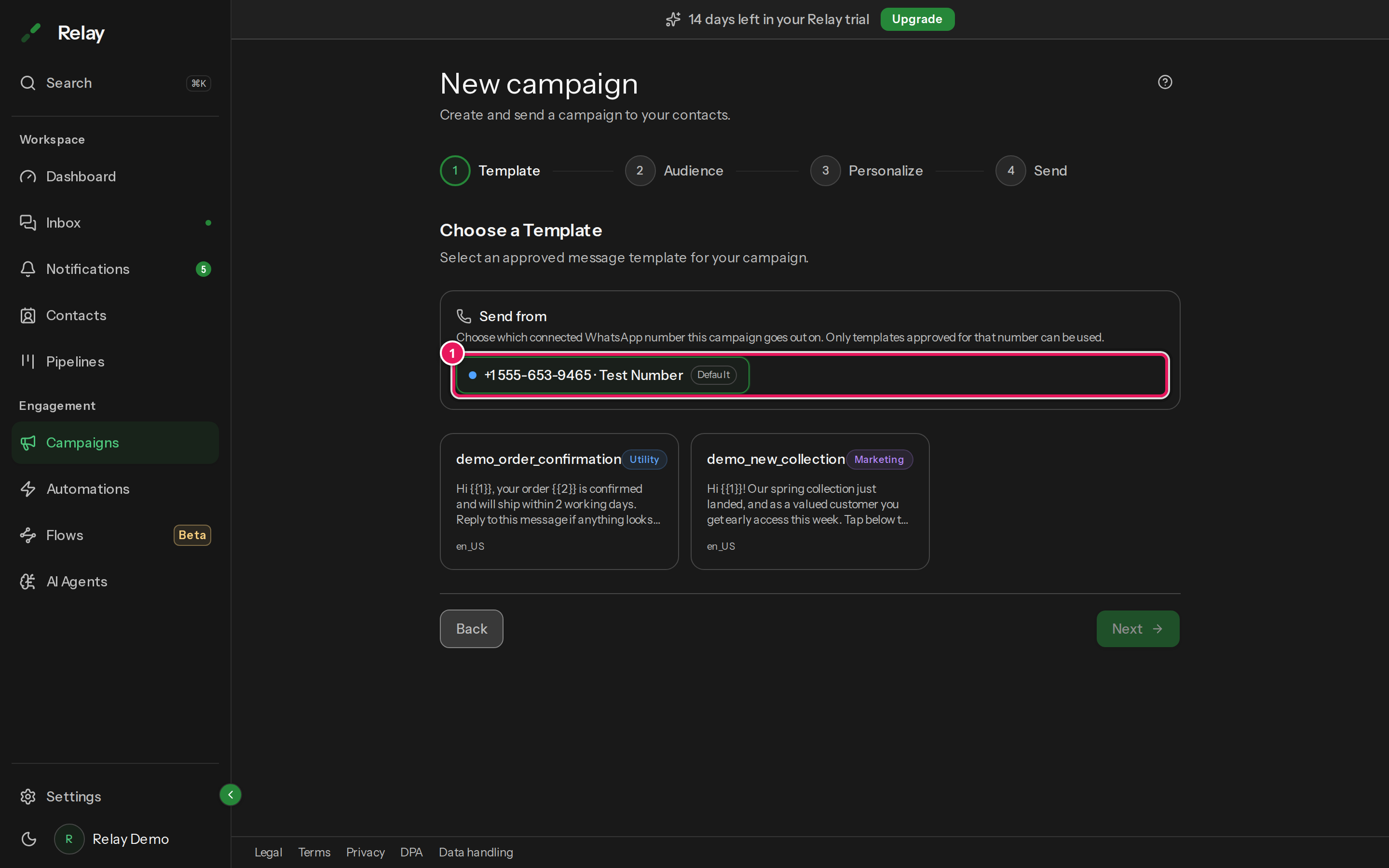 Step 1 of the campaign wizard showing the Send from number picker and a grid of approved templates.