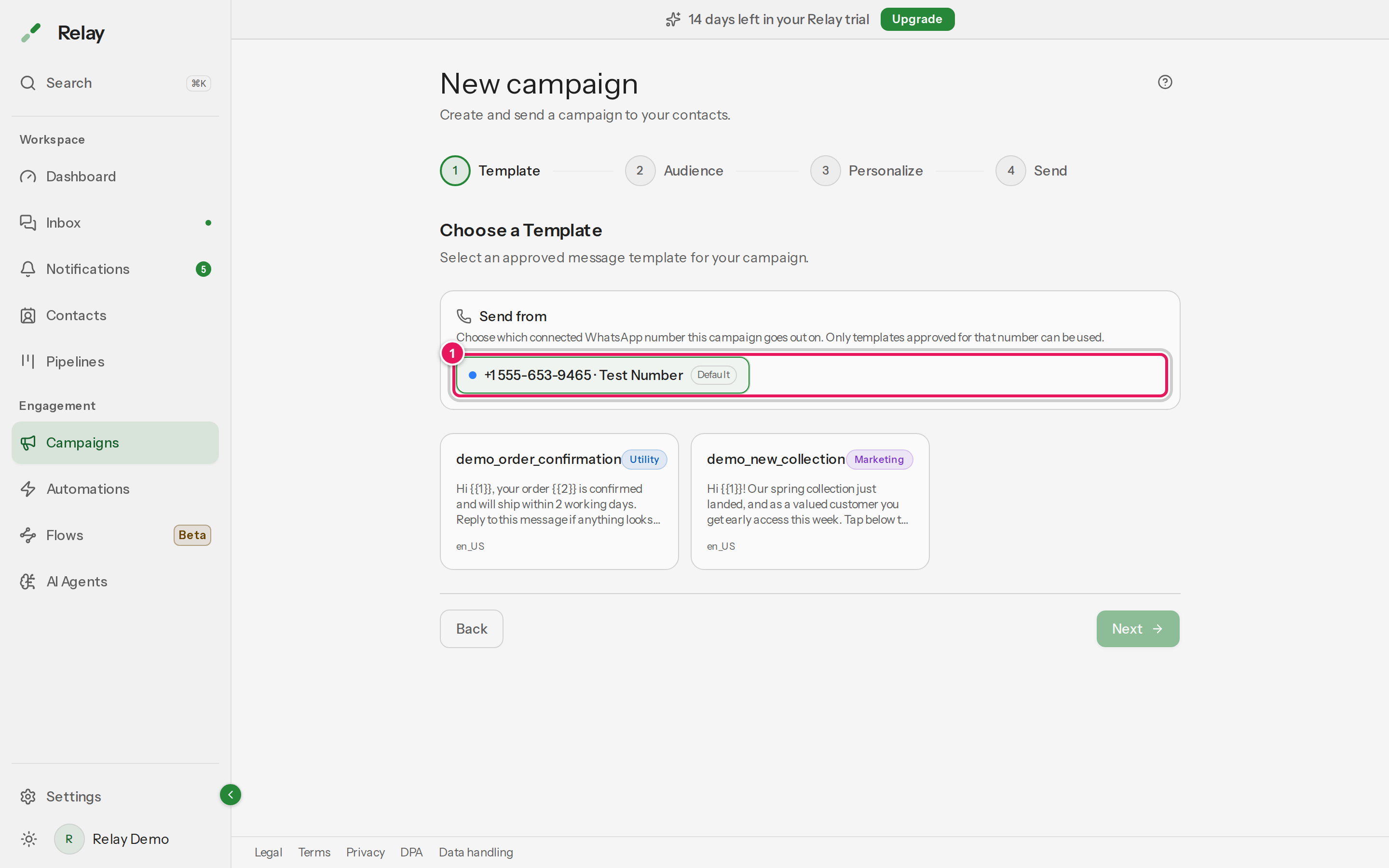 Step 1 of the campaign wizard showing the Send from number picker and a grid of approved templates.