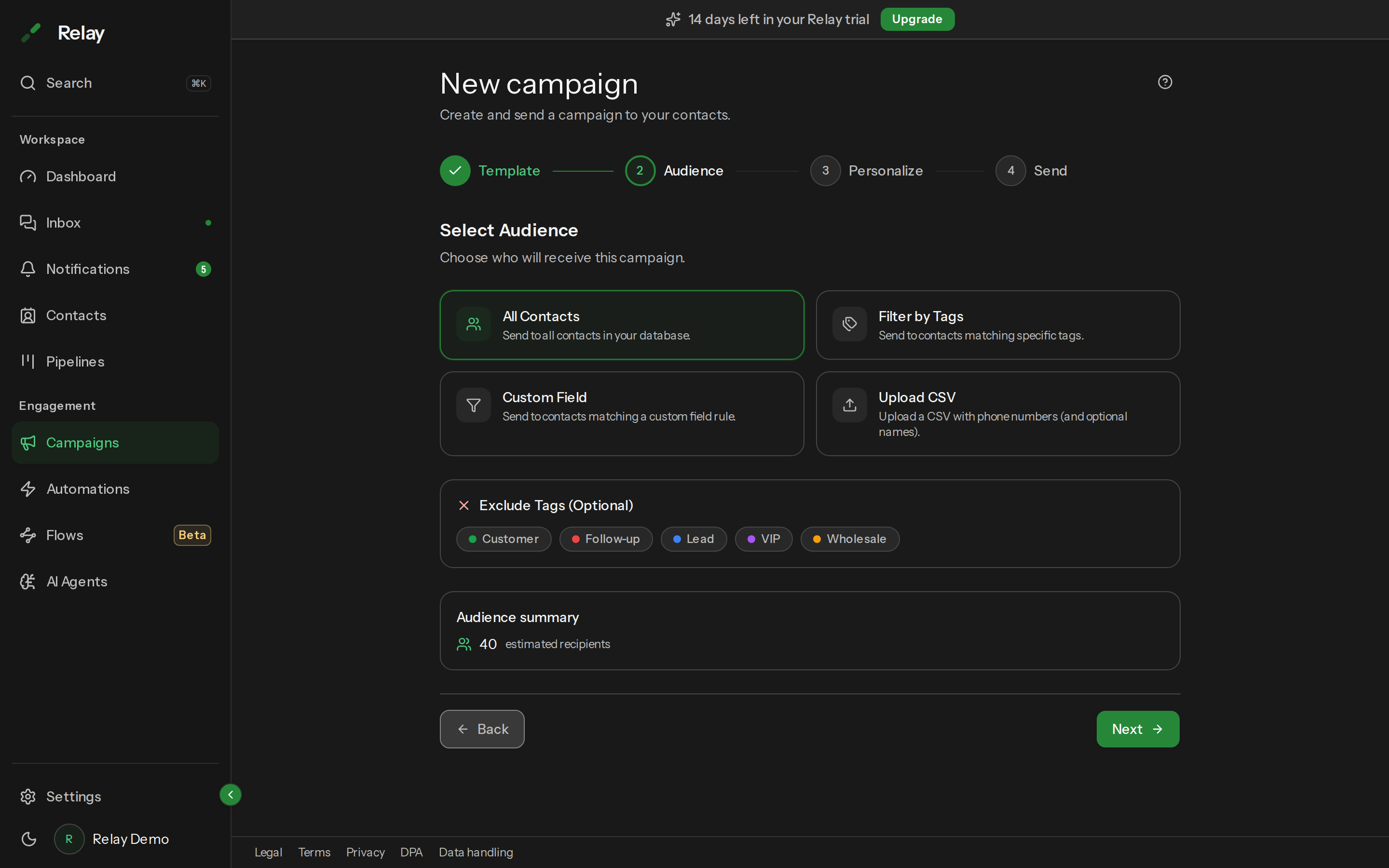Step 2 of the campaign wizard with the four audience options and the audience summary.