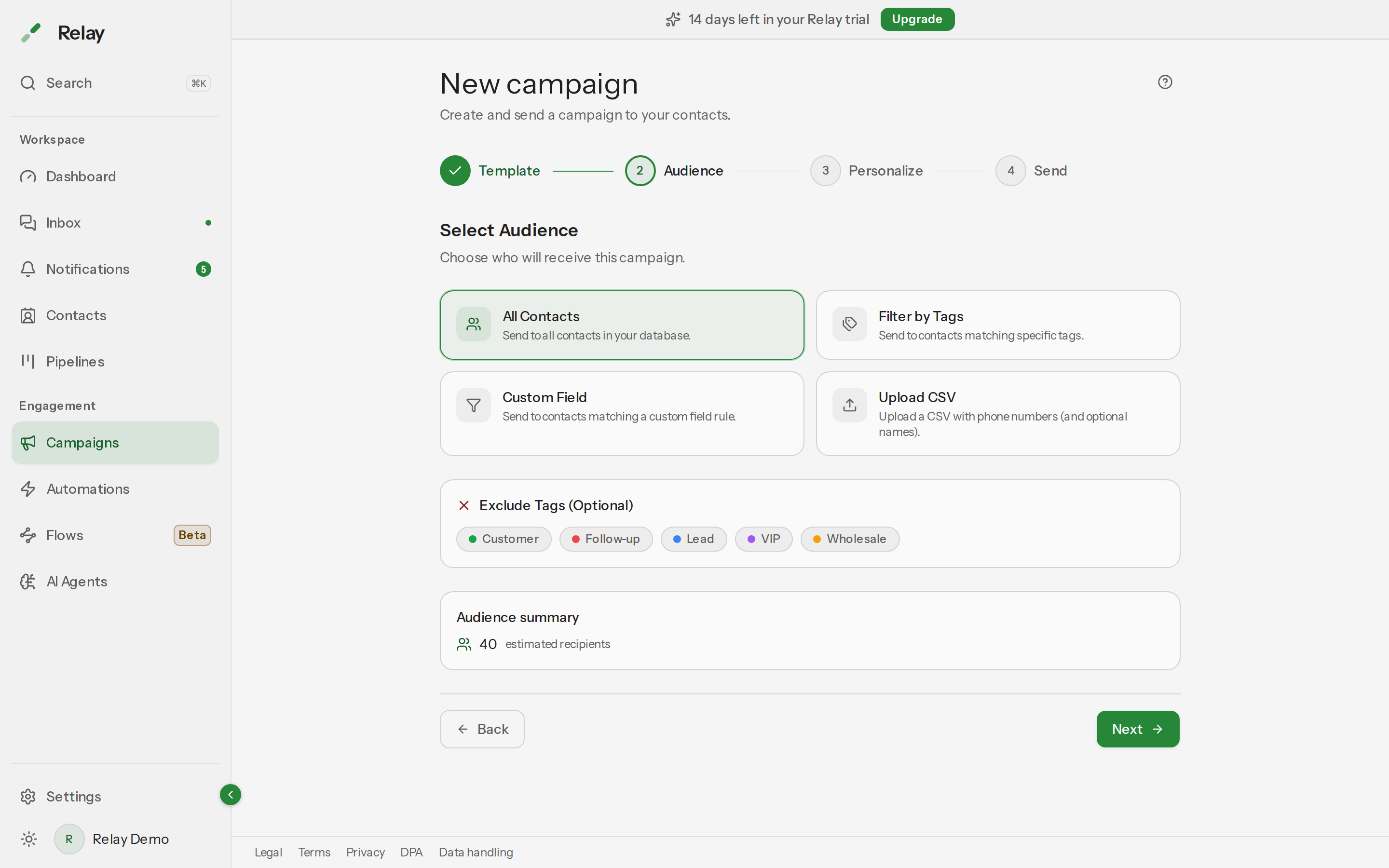 Step 2 of the campaign wizard with the four audience options and the audience summary.