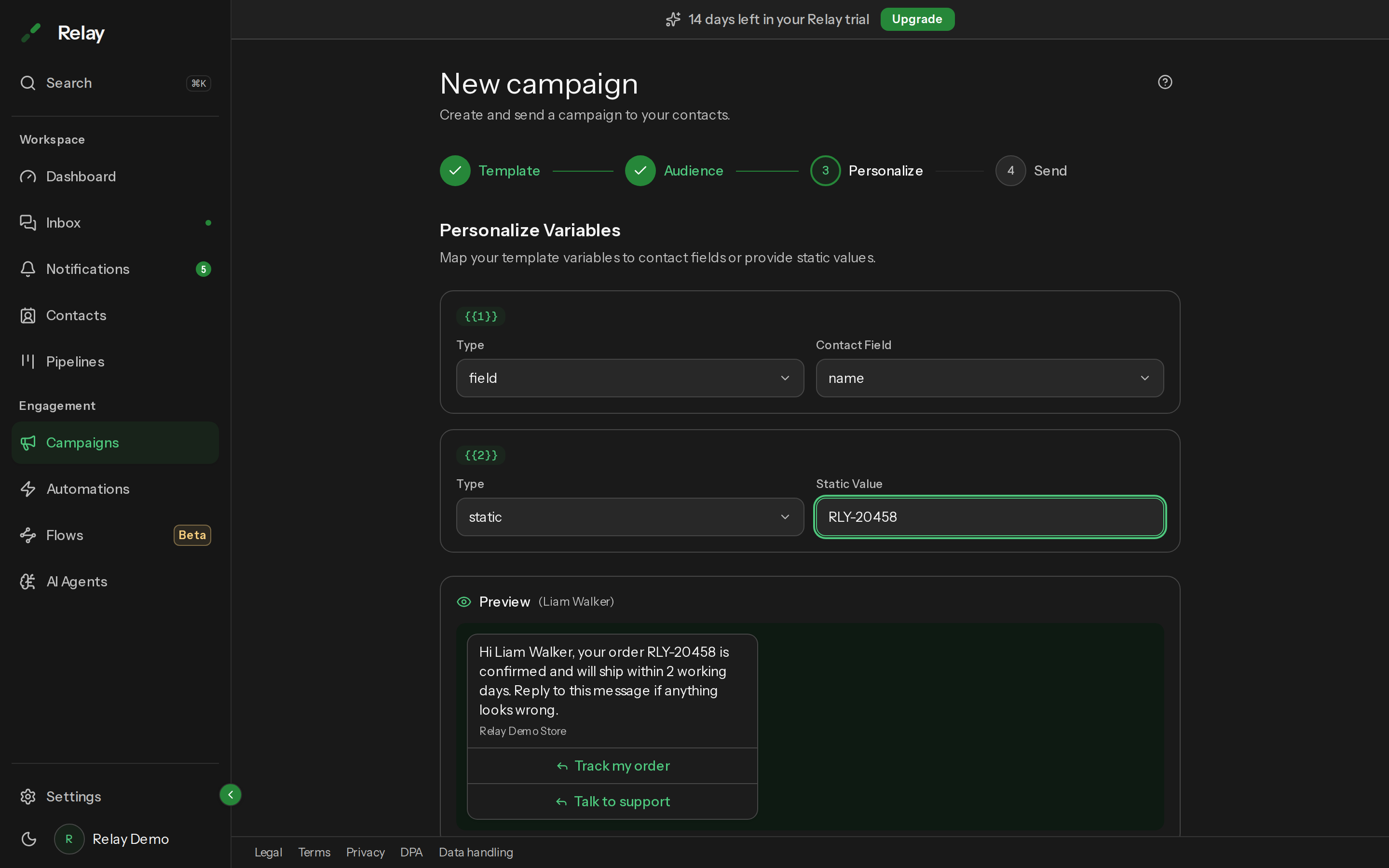 Step 3 of the campaign wizard mapping template variables, with a live message preview.