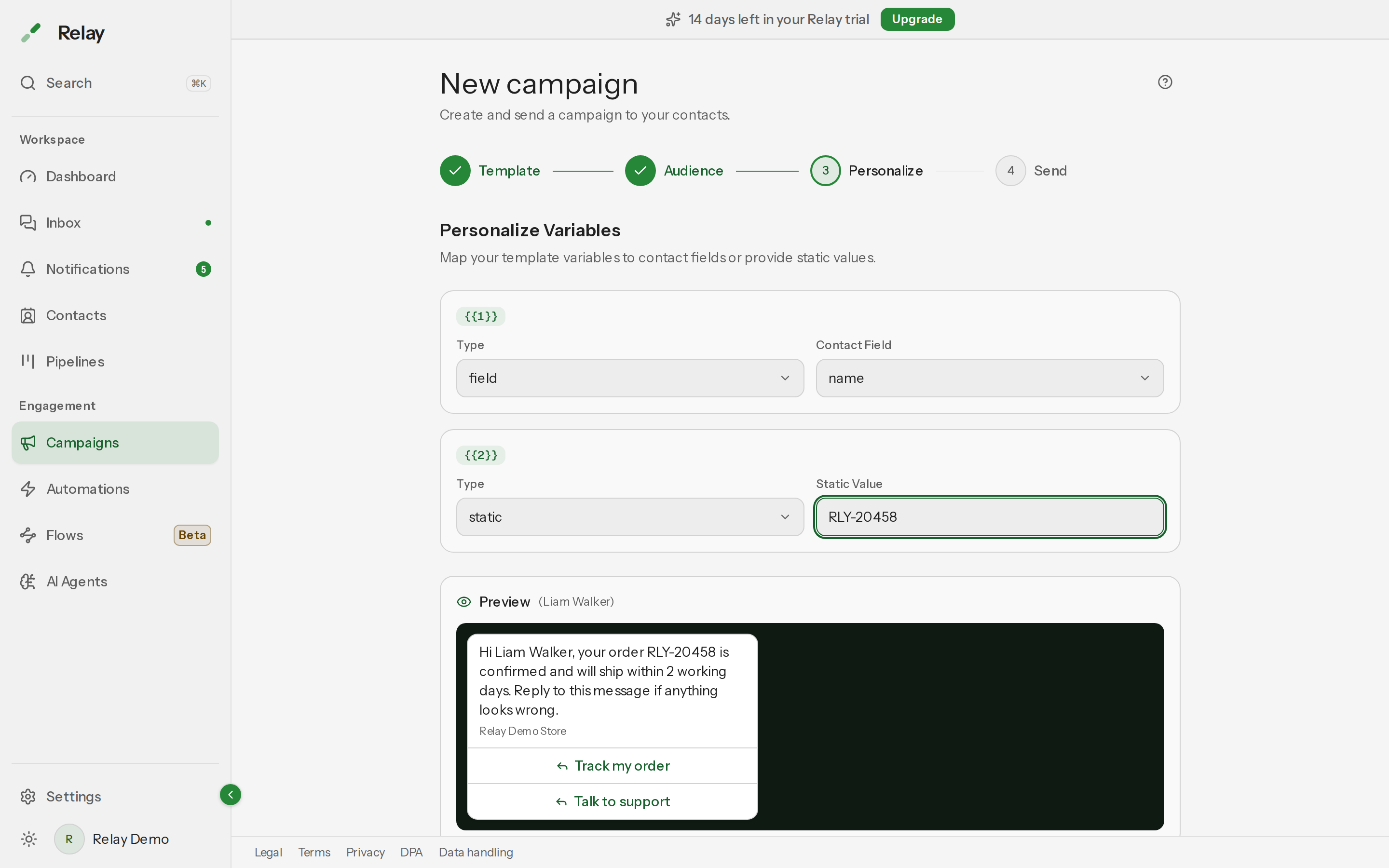 Step 3 of the campaign wizard mapping template variables, with a live message preview.