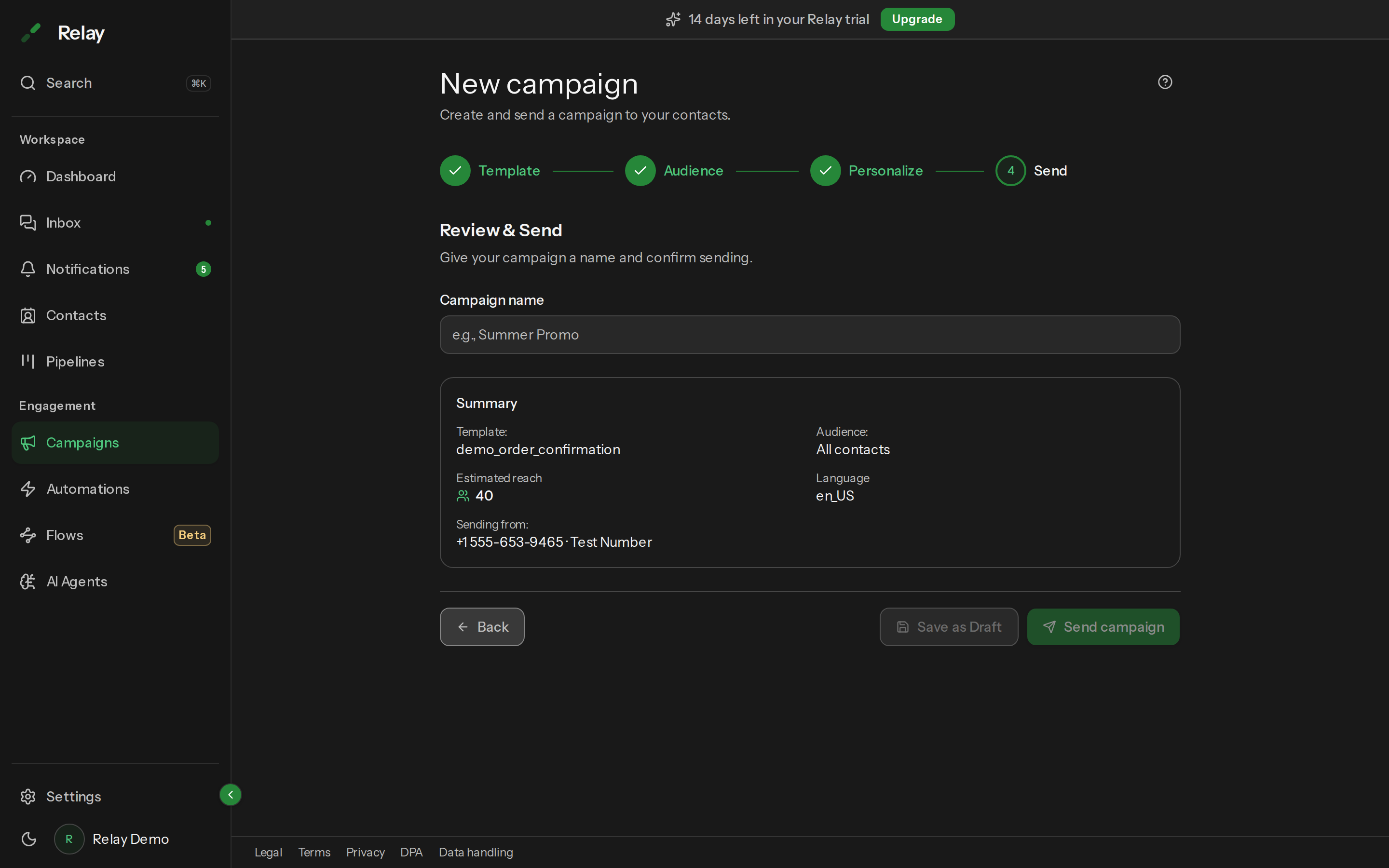 Step 4 of the campaign wizard showing the campaign name field, the summary and the Save as Draft and Send campaign buttons.
