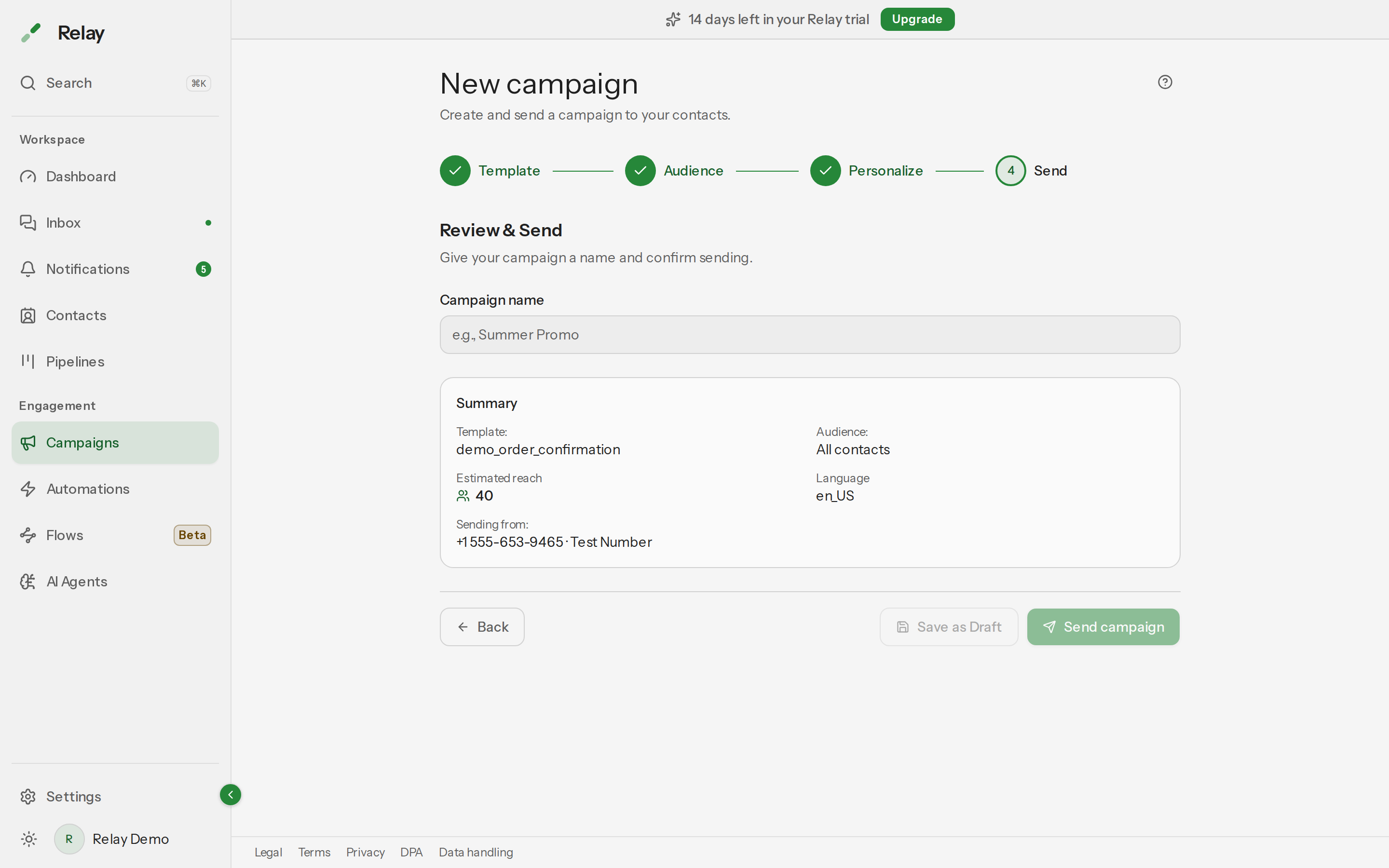 Step 4 of the campaign wizard showing the campaign name field, the summary and the Save as Draft and Send campaign buttons.