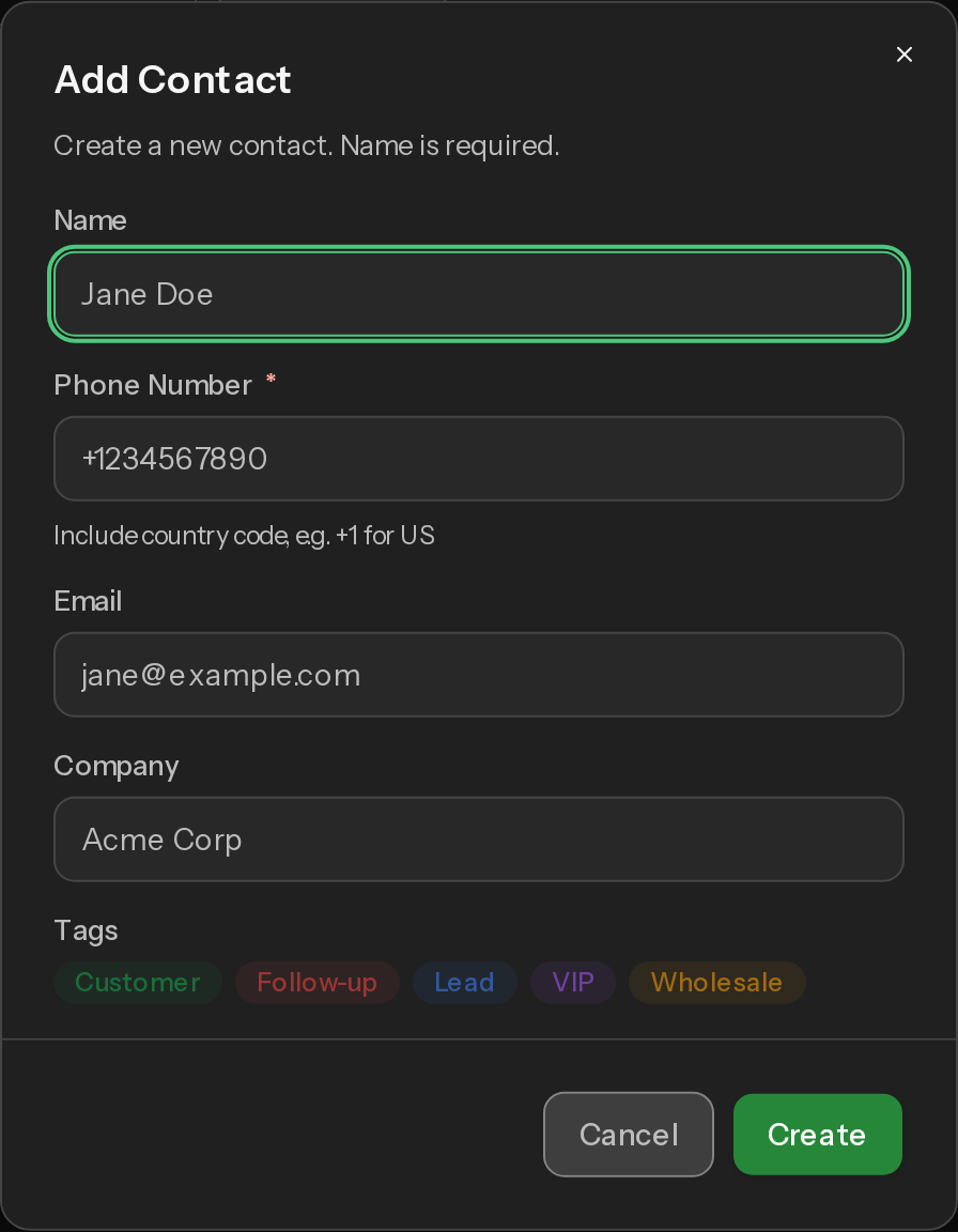 The Add Contact dialog with Name, Phone Number, Email, Company and Tags fields.