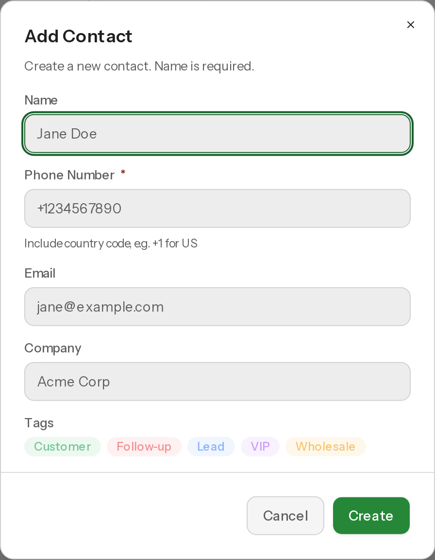 The Add Contact dialog with Name, Phone Number, Email, Company and Tags fields.