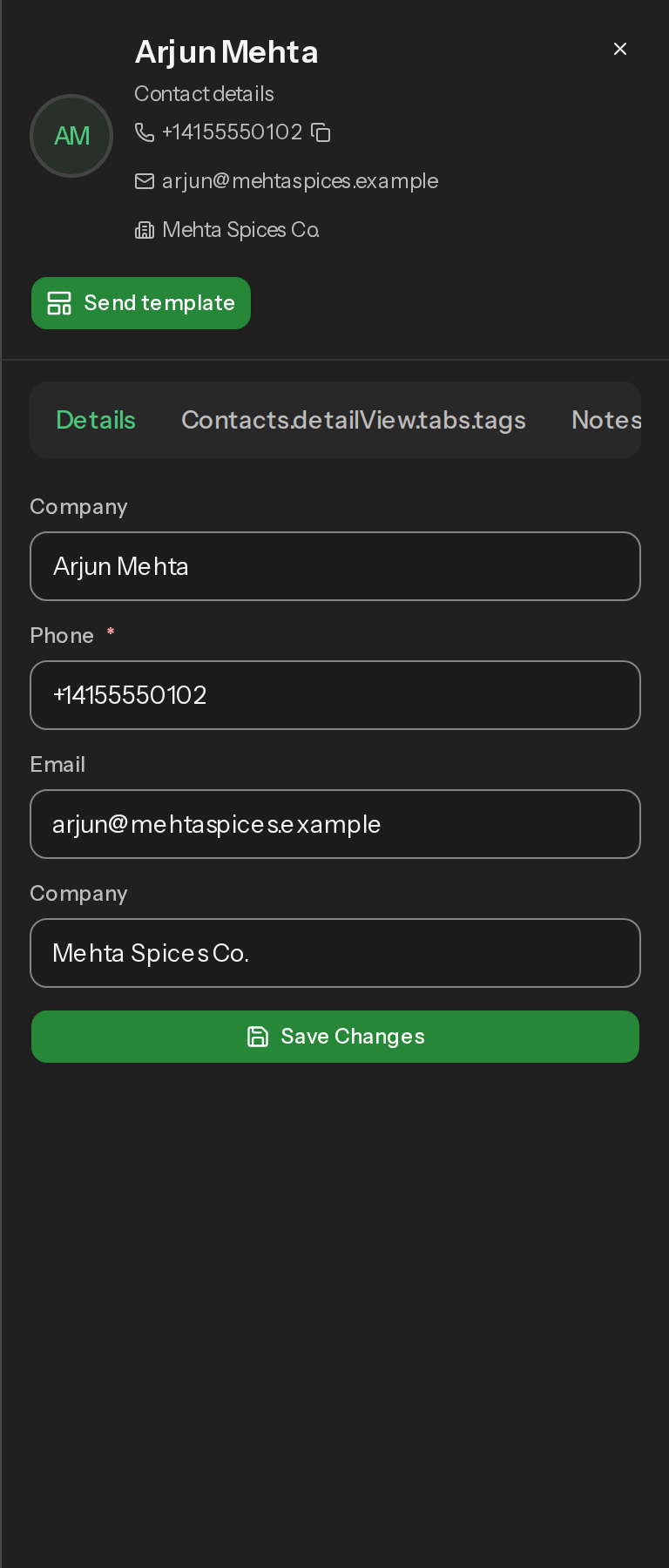 The contact detail side panel open on a contact, showing the Details, Tags, Notes, Custom Fields and Deals tabs and the Send template button.