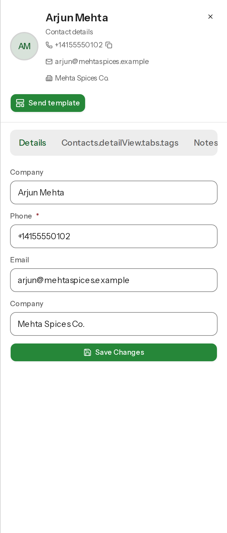 The contact detail side panel open on a contact, showing the Details, Tags, Notes, Custom Fields and Deals tabs and the Send template button.