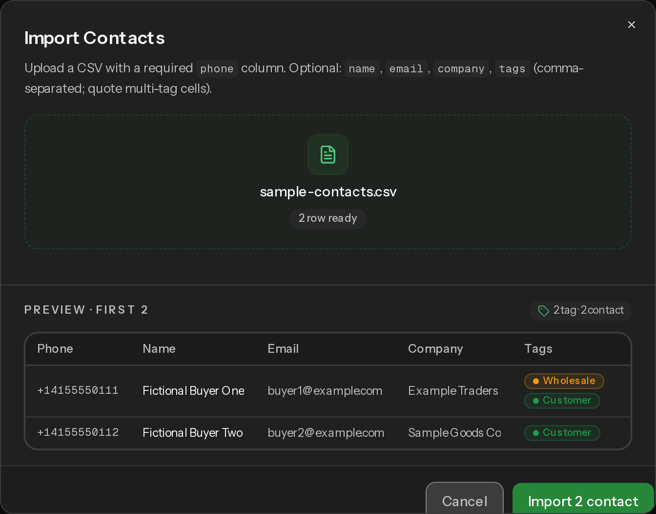 The import dialog showing the required and optional CSV columns and a preview of the first rows of a CSV file.