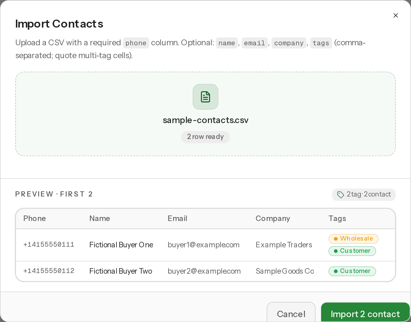 The import dialog showing the required and optional CSV columns and a preview of the first rows of a CSV file.