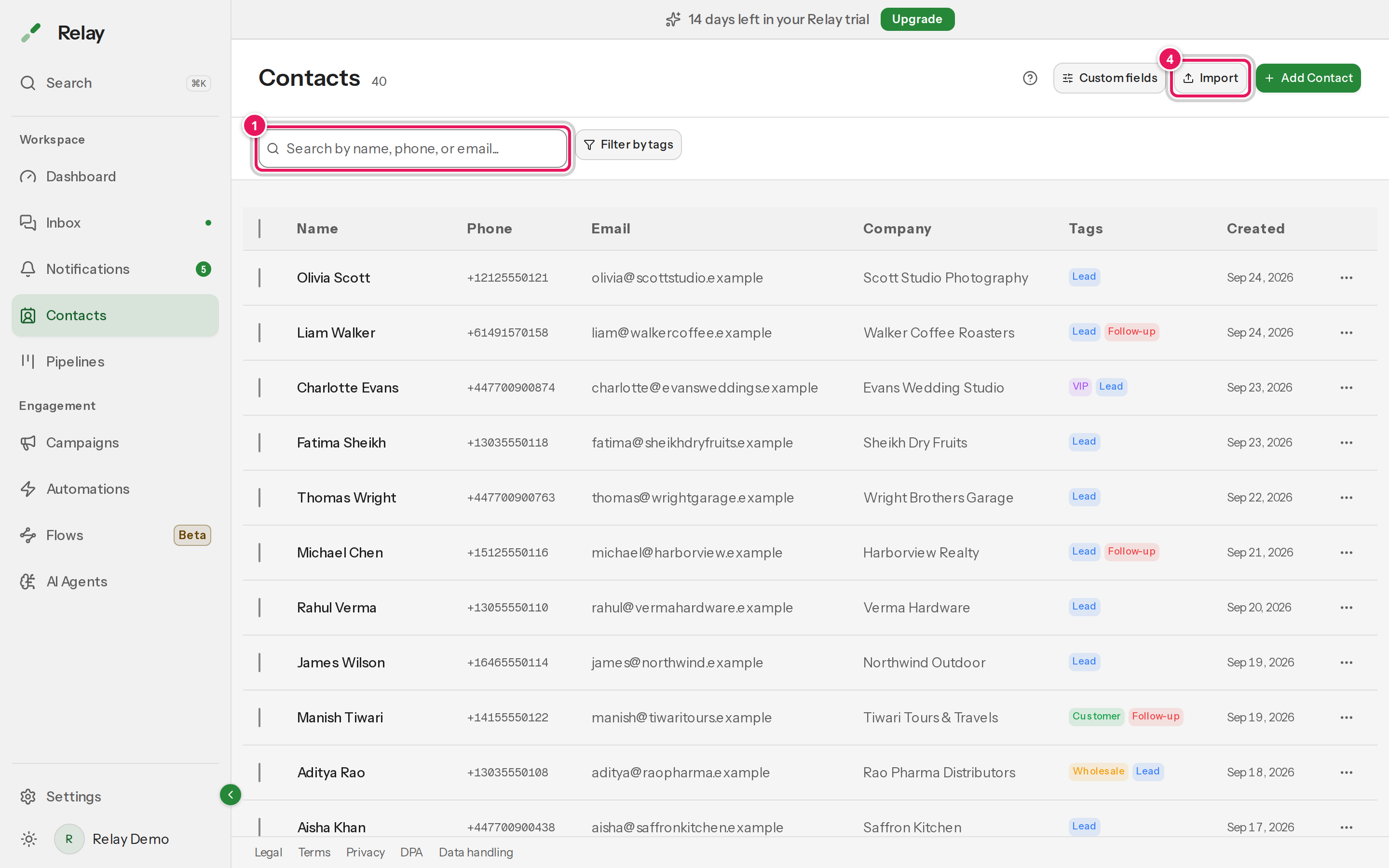 The Contacts page with a search box, the Filter by tags button and a table of contacts with Name, Phone, Email, Company, Tags and Created columns.