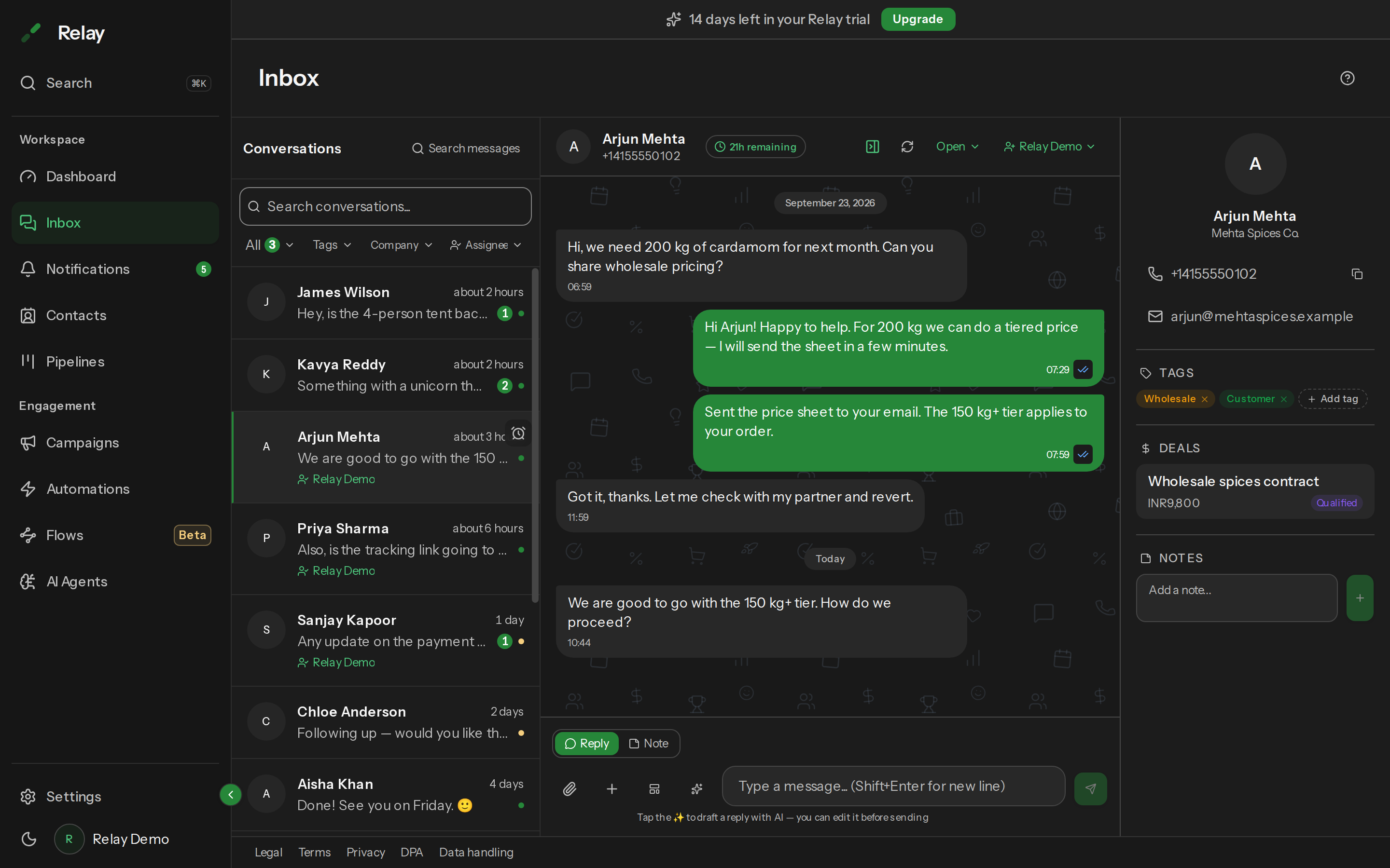 The Inbox composer showing the Reply and Note toggle, the Replying from line, the attach, template, and AI draft buttons.