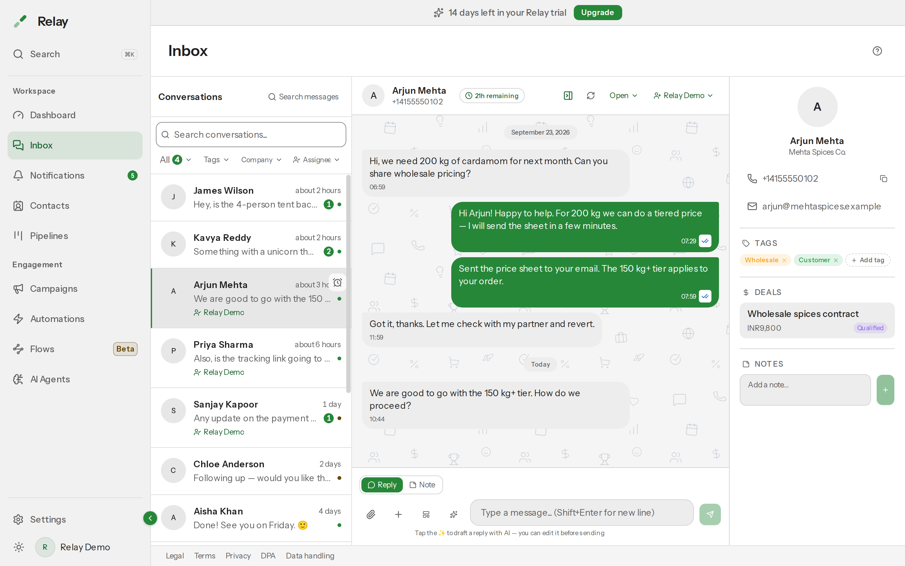 The Inbox composer showing the Reply and Note toggle, the Replying from line, the attach, template, and AI draft buttons.