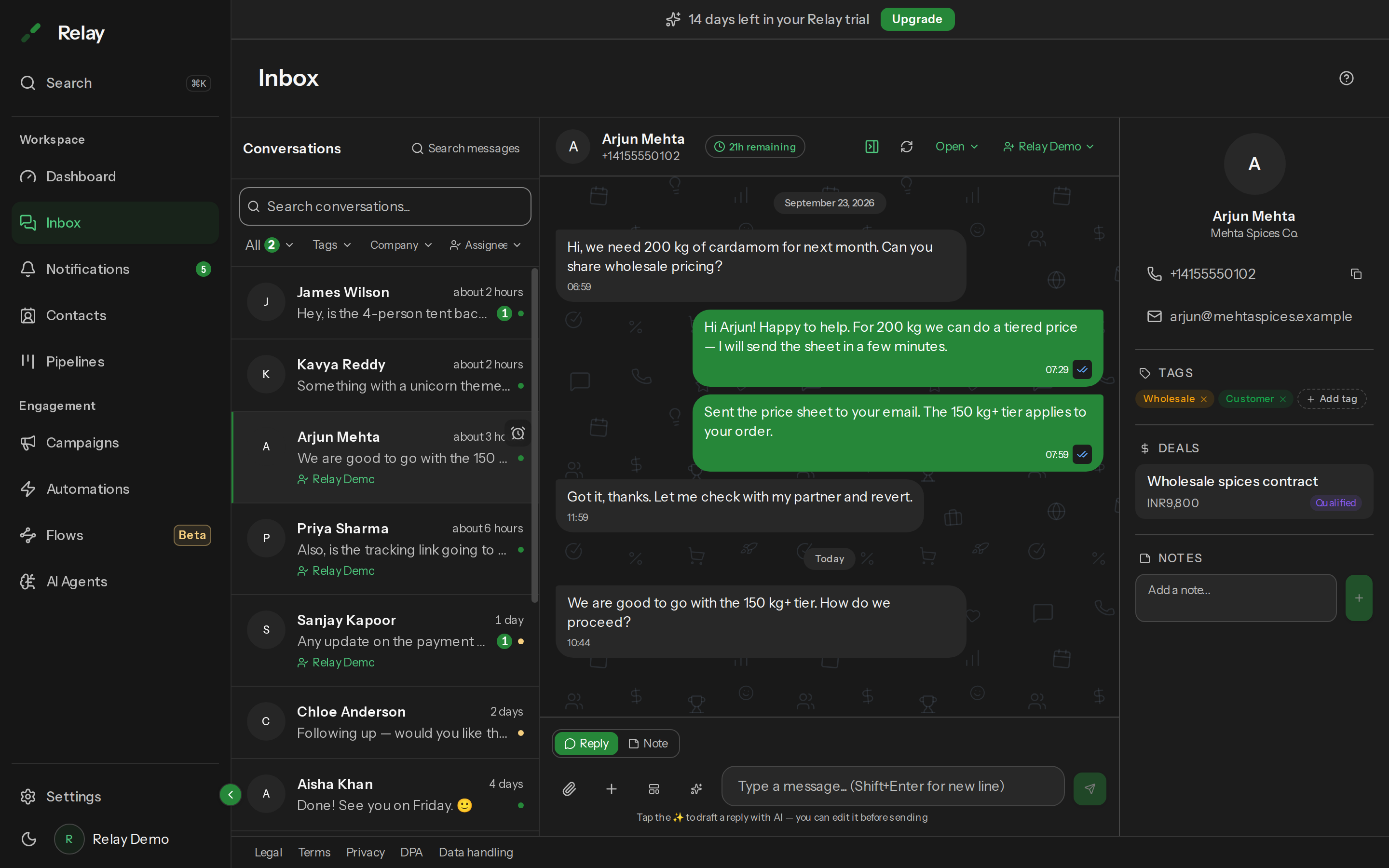 The contact panel beside a conversation showing Contact info, Tags, Deals and Notes.