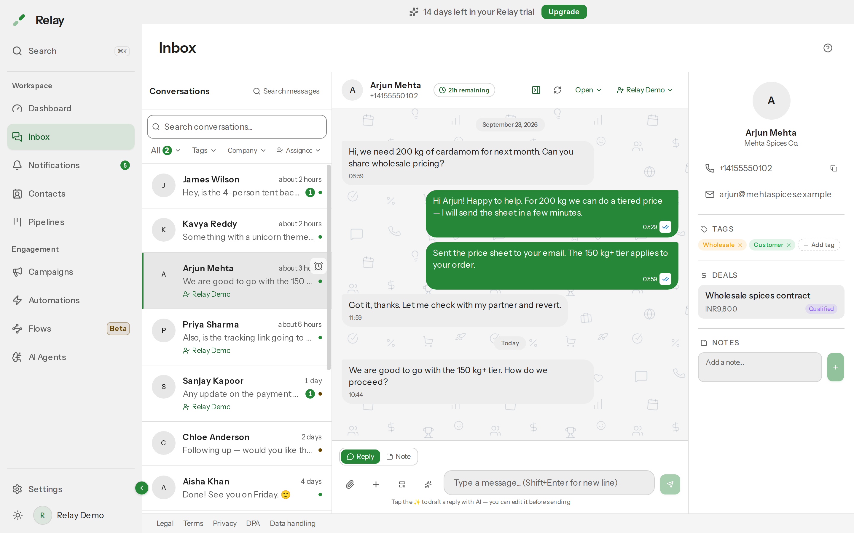 The contact panel beside a conversation showing Contact info, Tags, Deals and Notes.