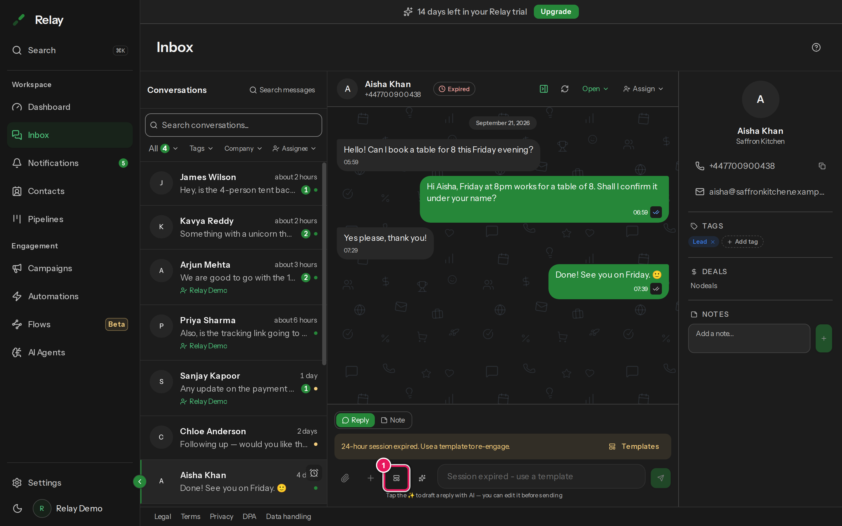 A conversation whose 24-hour window has expired, with the composer disabled and a Templates button offered.