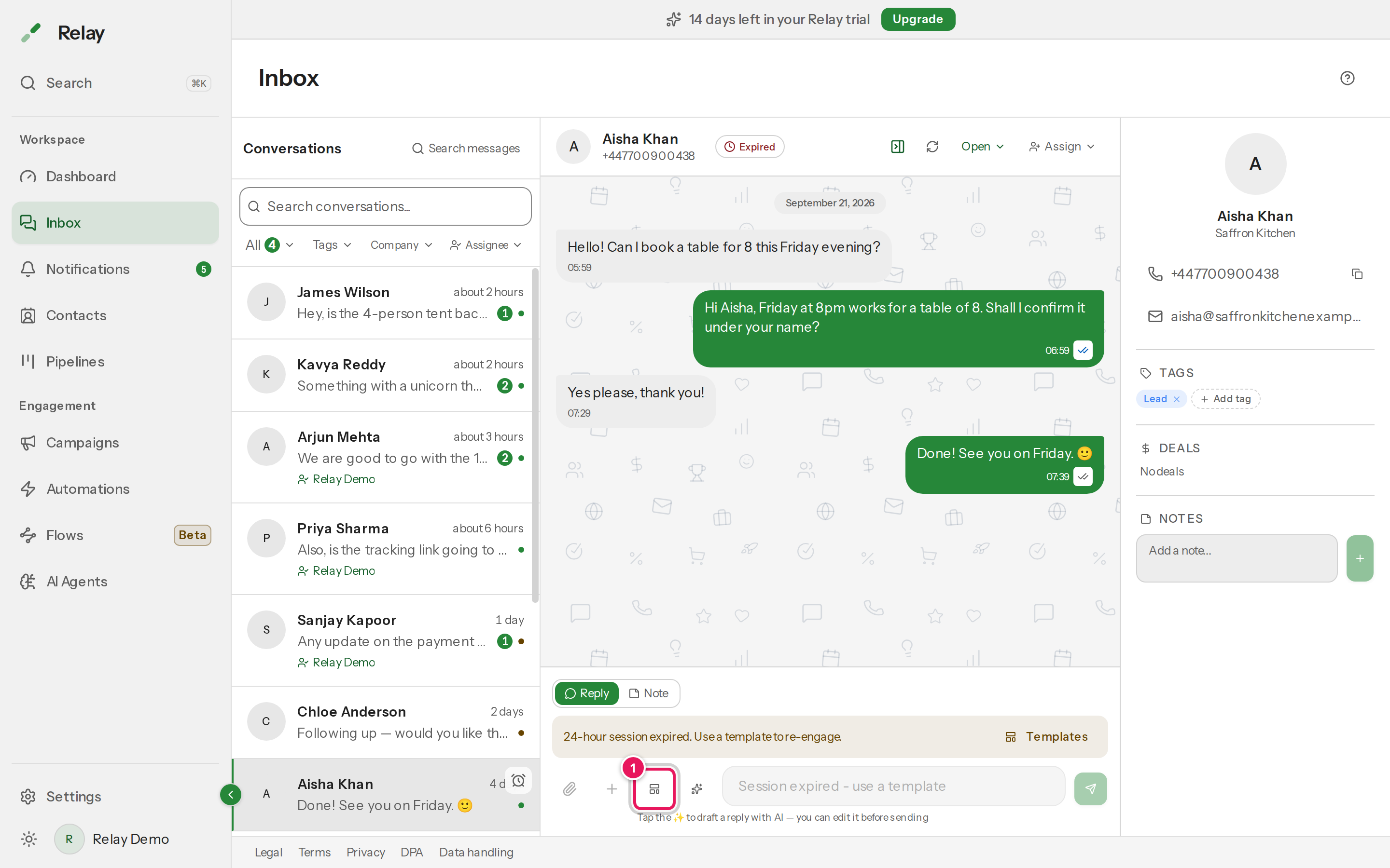 A conversation whose 24-hour window has expired, with the composer disabled and a Templates button offered.
