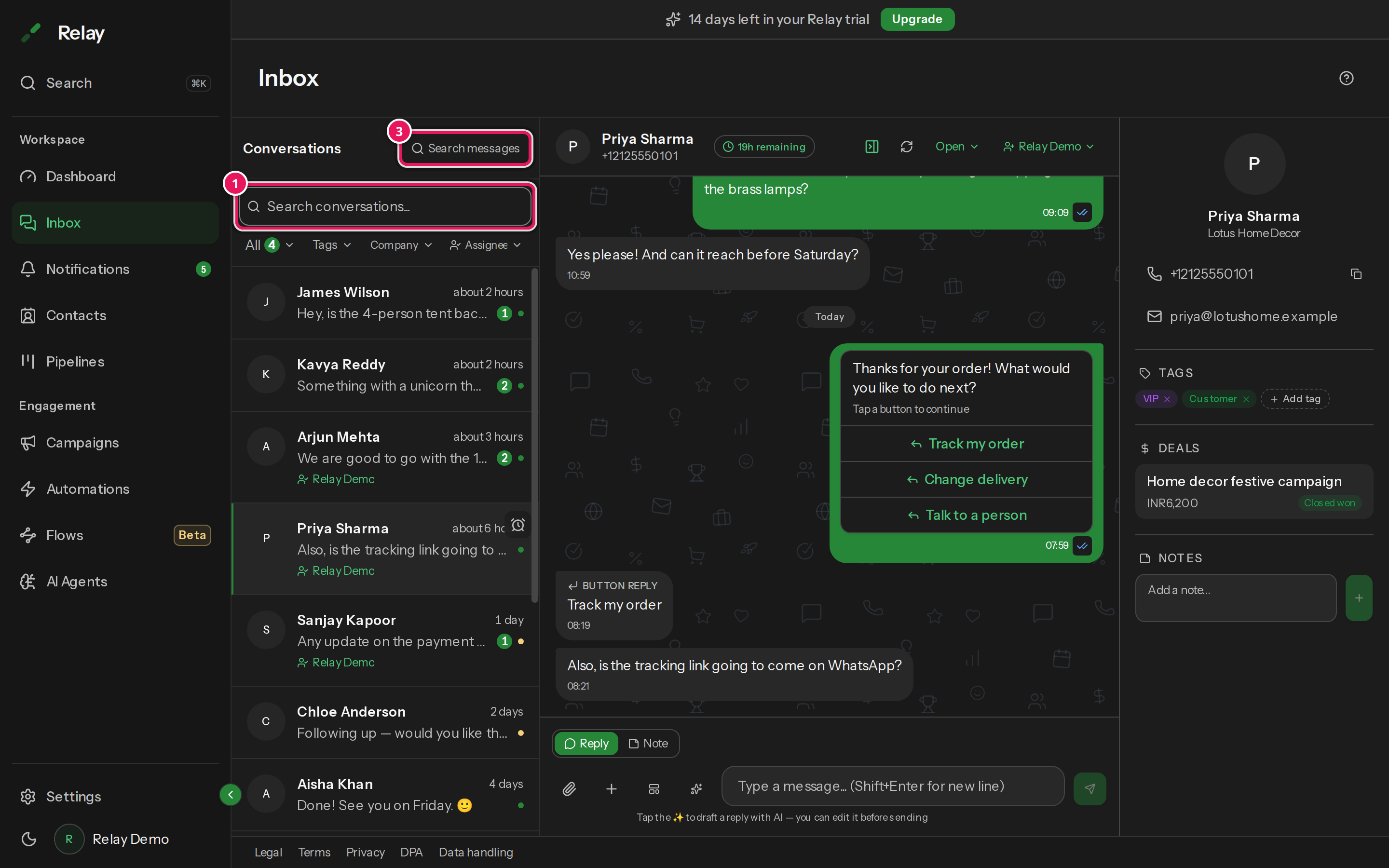 The Inbox with the conversation list on the left, showing the search box, filter chips and conversation rows, and an open conversation on the right.