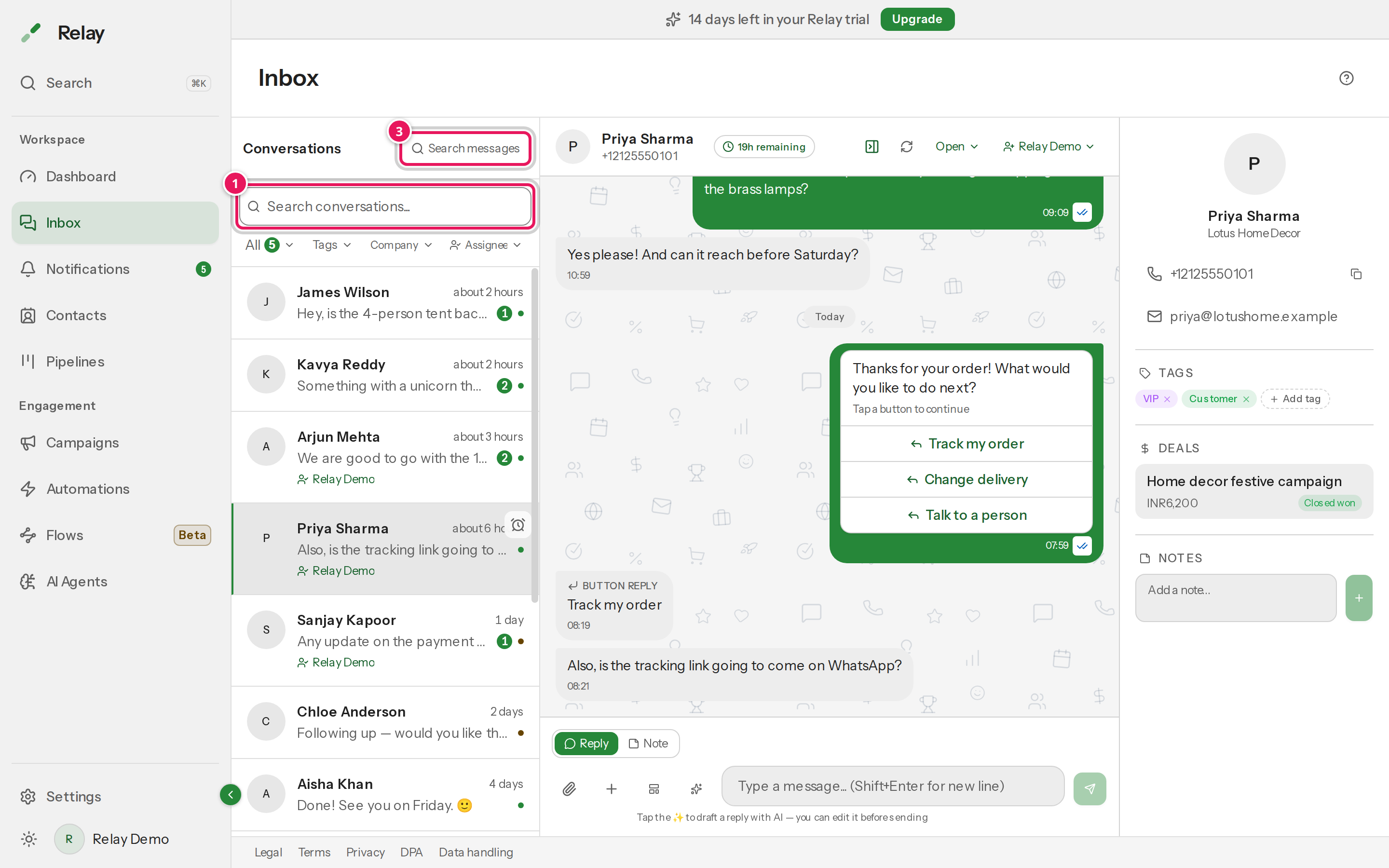 The Inbox with the conversation list on the left, showing the search box, filter chips and conversation rows, and an open conversation on the right.