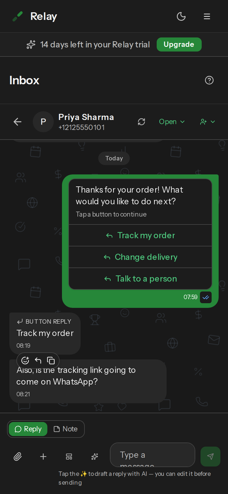 An open conversation on a phone-sized screen, with the back button at the top left.