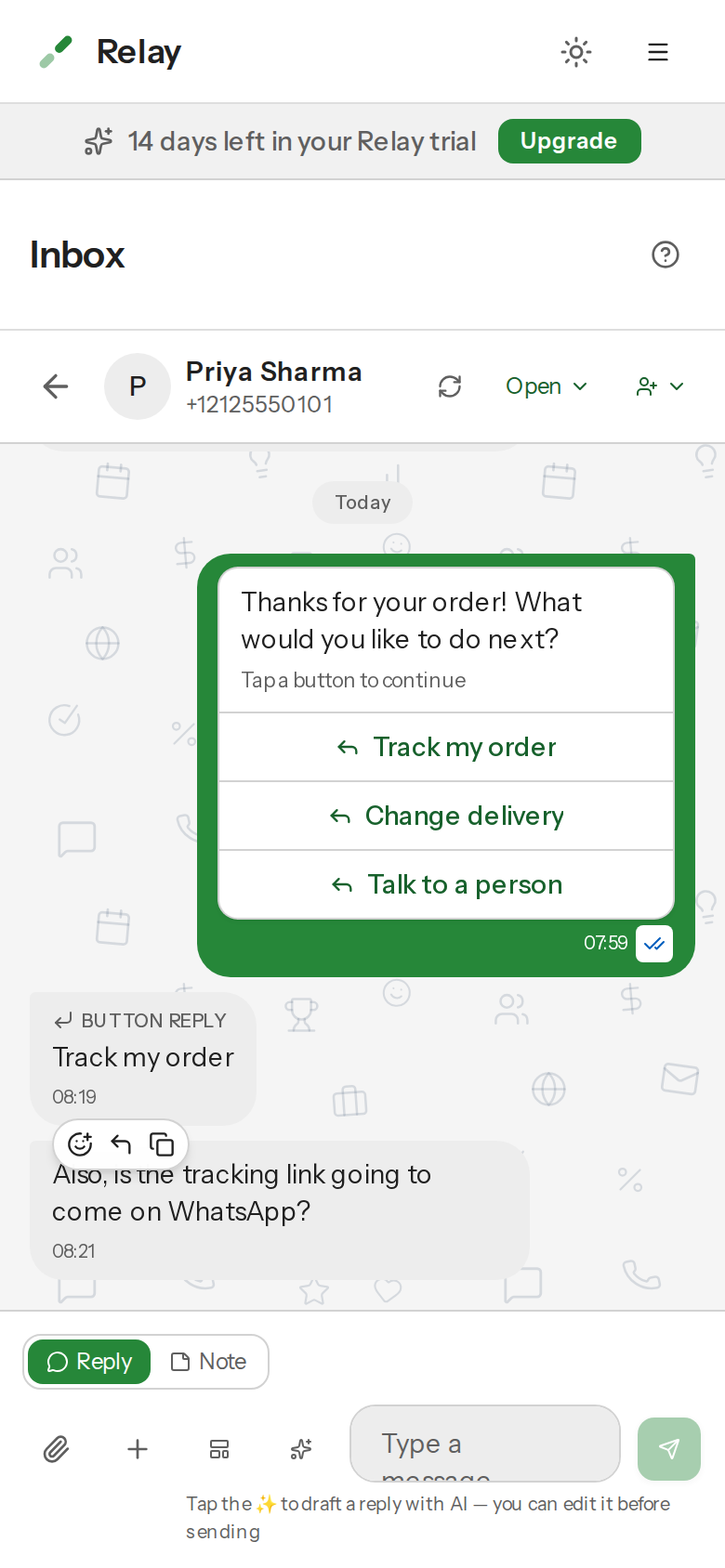An open conversation on a phone-sized screen, with the back button at the top left.