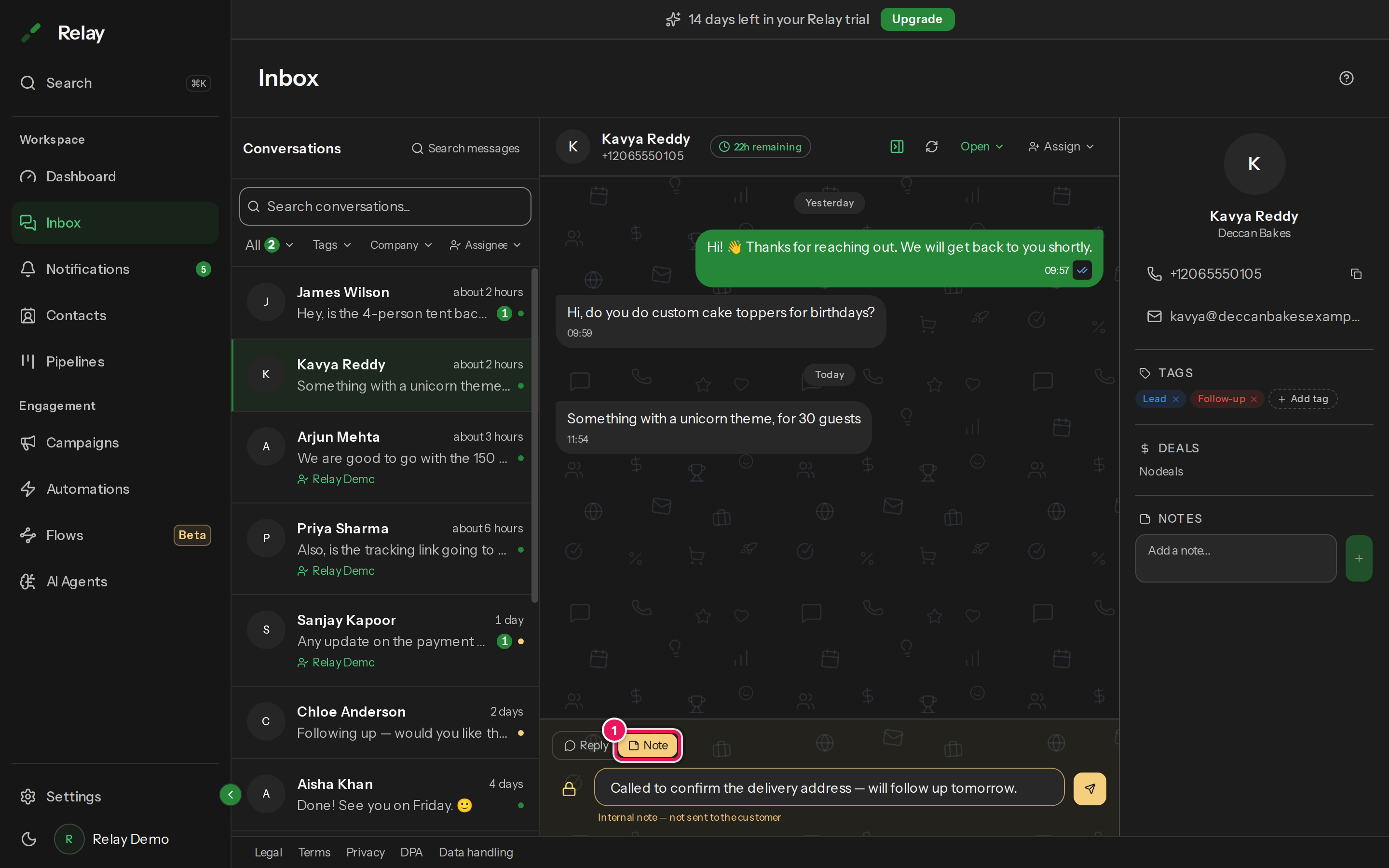 The composer switched to Note mode, with the Reply and Note toggle highlighted.