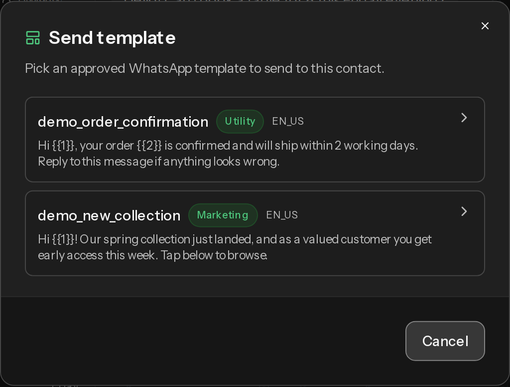 The Send template dialog listing approved templates.