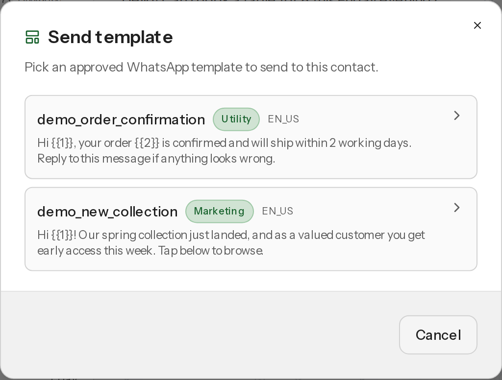 The Send template dialog listing approved templates.