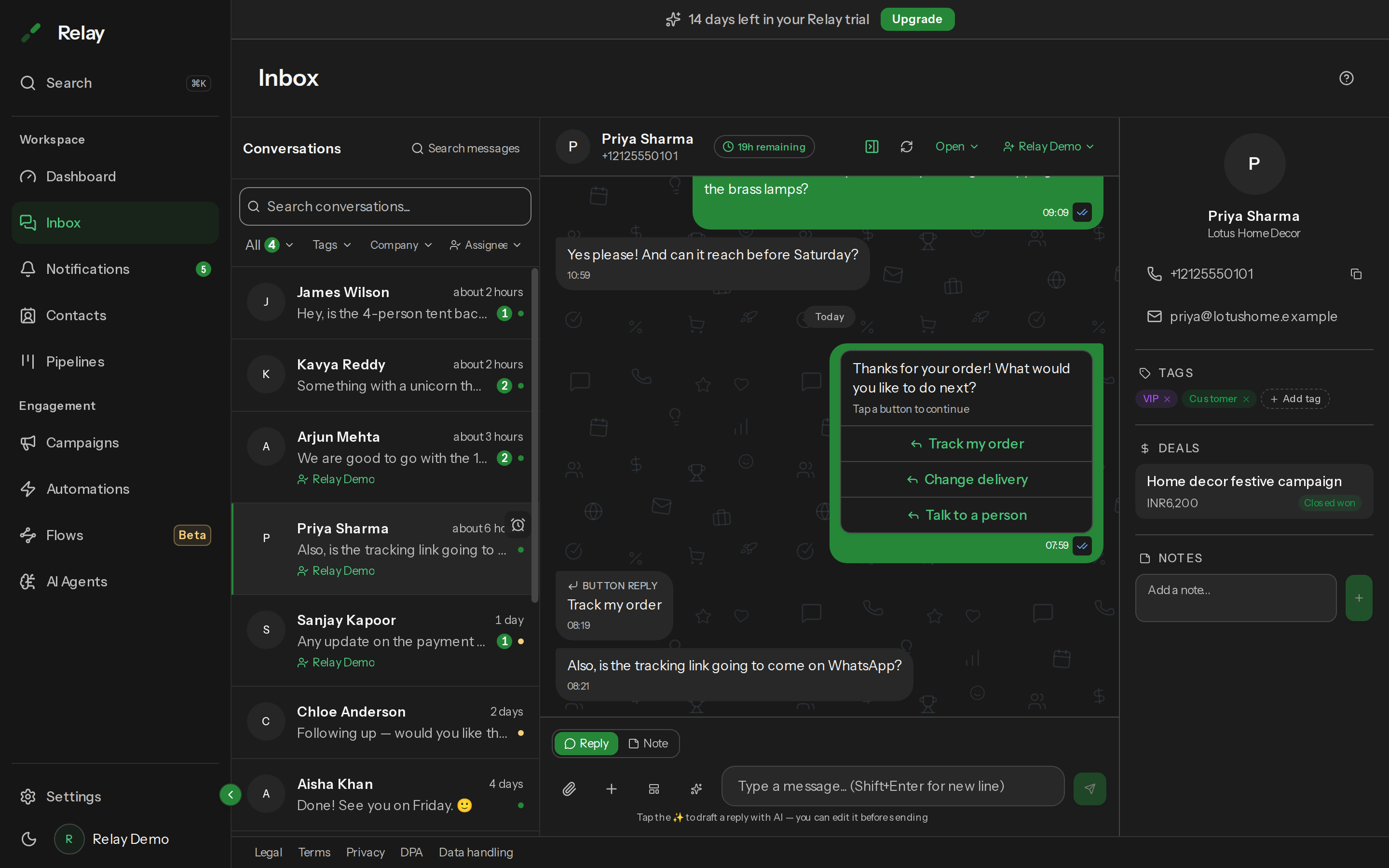 An open conversation with the thread header showing the 24-hour timer, the Status control and the Assign control.