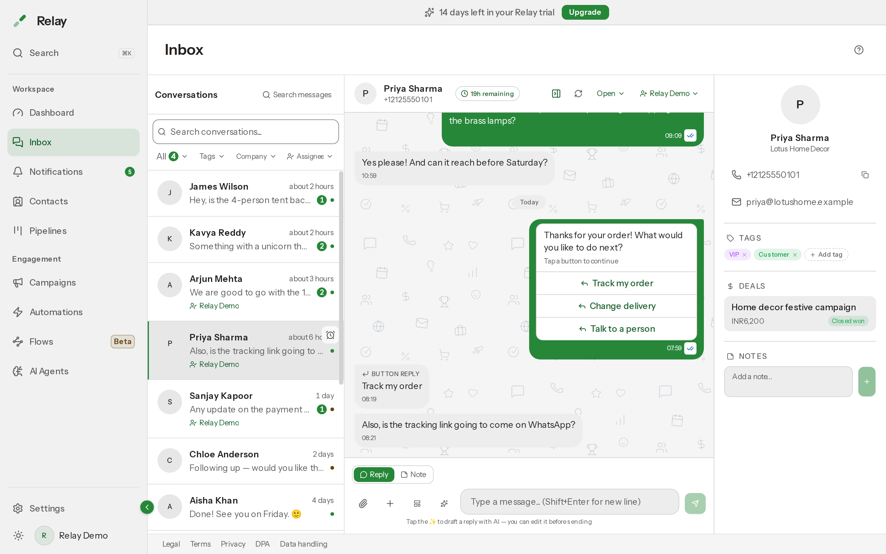 An open conversation with the thread header showing the 24-hour timer, the Status control and the Assign control.