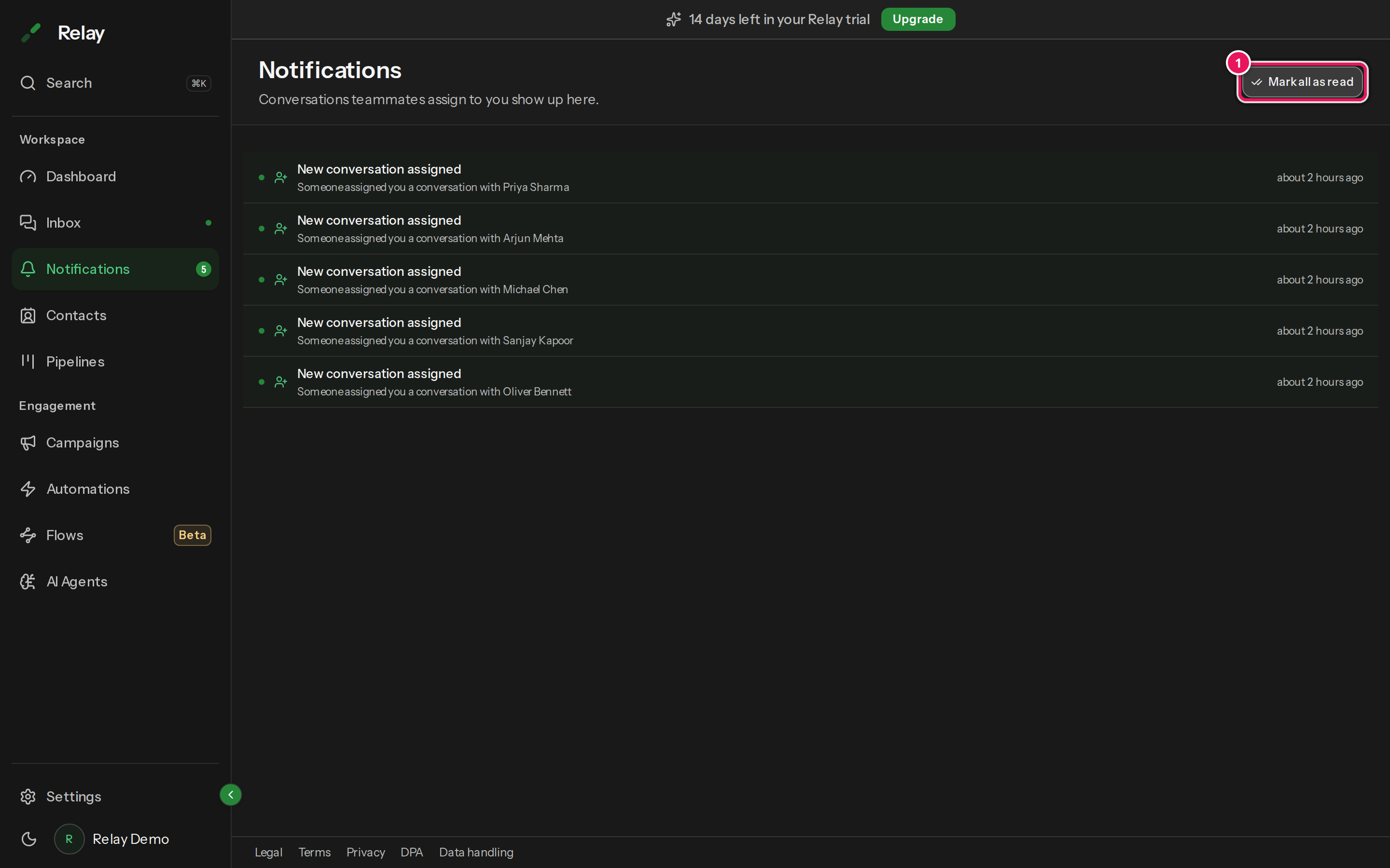 The Notifications page listing recent notifications, with the Mark all as read button at the top right.