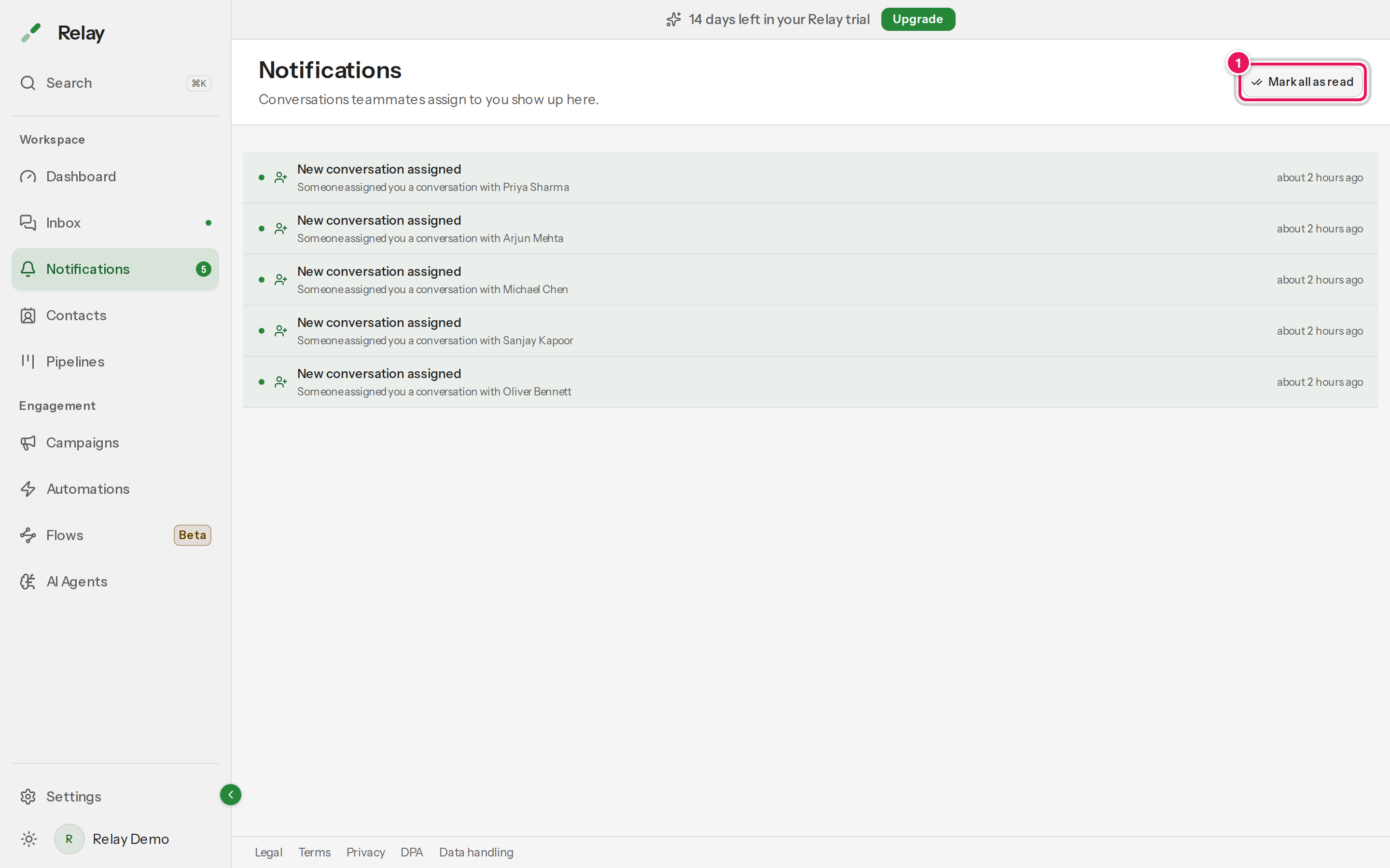 The Notifications page listing recent notifications, with the Mark all as read button at the top right.