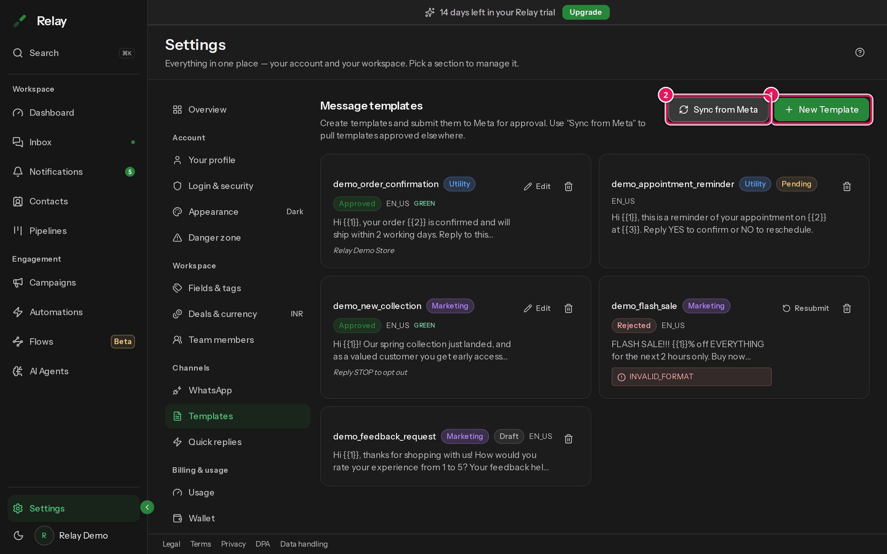 Settings, Templates page listing templates with their category, language and status badges such as Approved and Pending.
